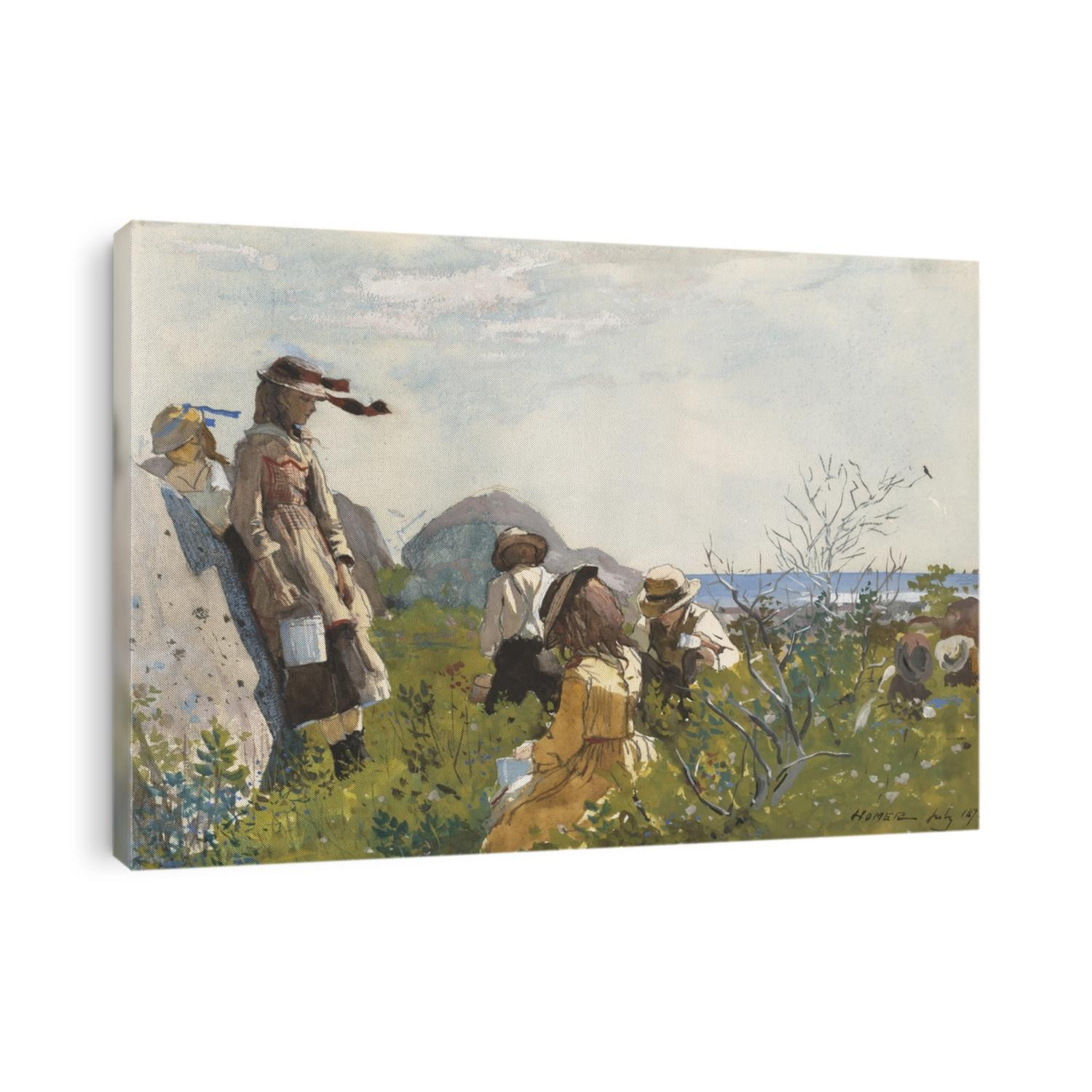 Berry Pickers, by Winslow Homer, 1873, American painting, watercolor on paper. Seven children with metal pails pick berries on the seashore