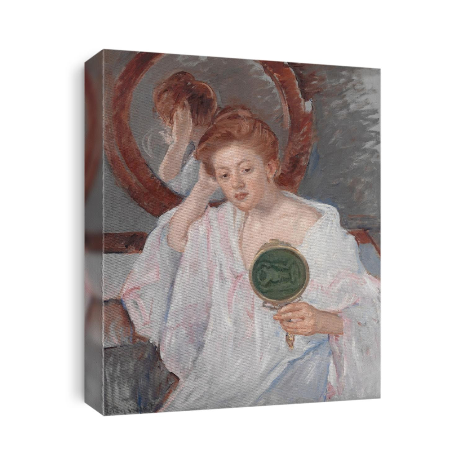 Denise at Her Dressing Table, by Mary Cassatt, 1908-9, French impressionist painting, oil on canvas. An auburn-haired young woman examines her hairdo with two mirrors in a painterly composition of war