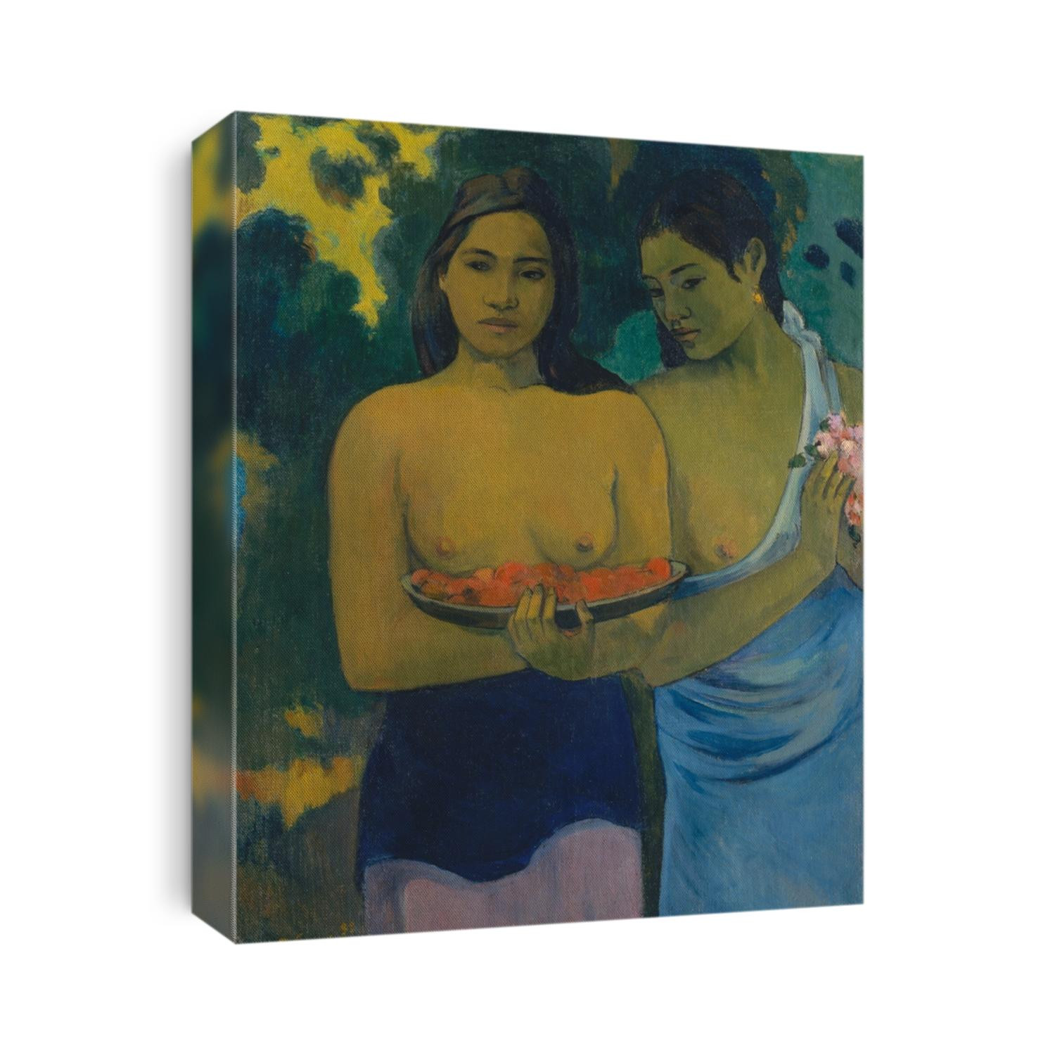 Two Tahitian Women, by Paul Gauguin, 1899, French Post-Impressionist painting, oil on canvas. This work features the beauty of the Tahitian women, painted with sculpturally modeled forms with subtle g