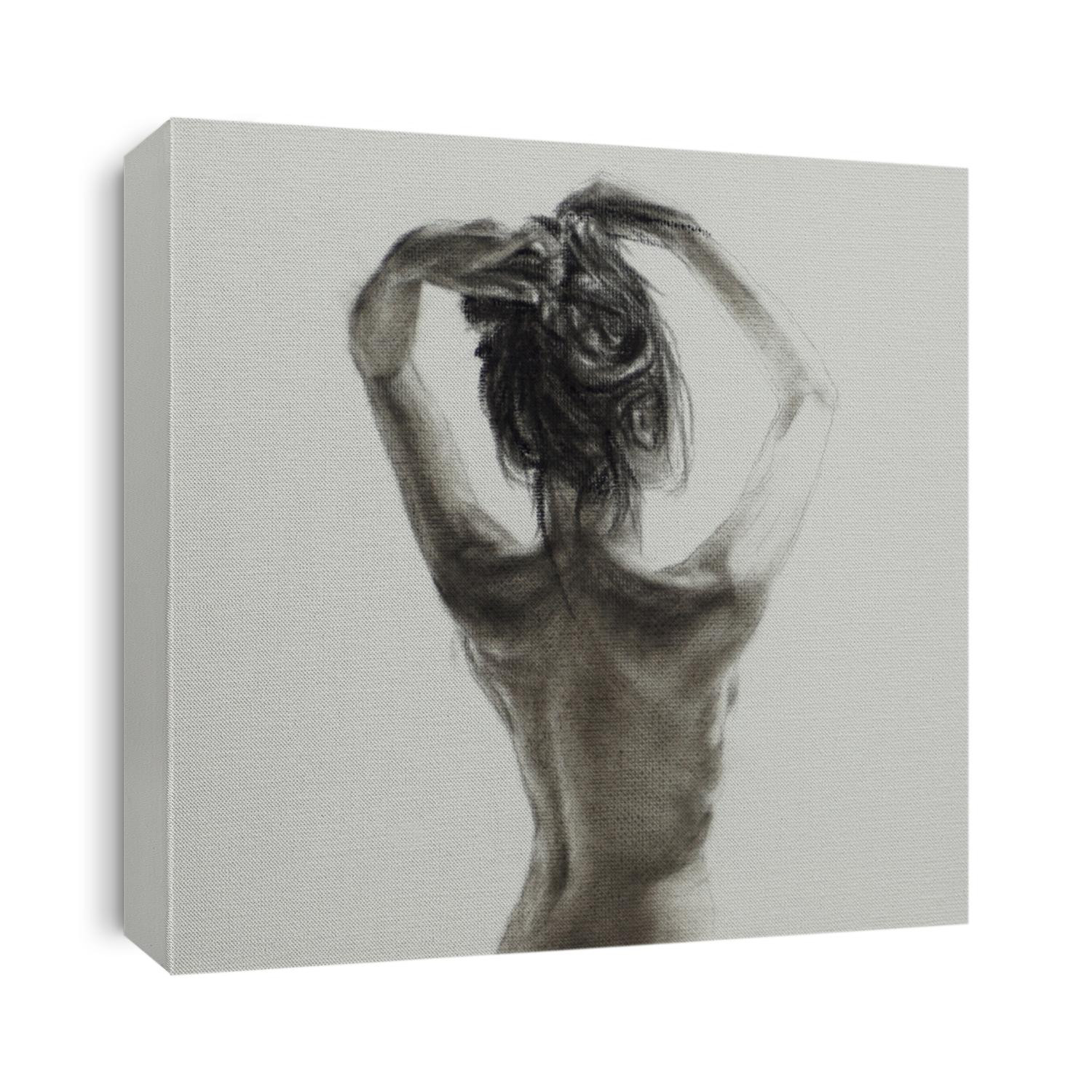 Charcoal painting of nude woman on canvas. Naked girl tying hair back.