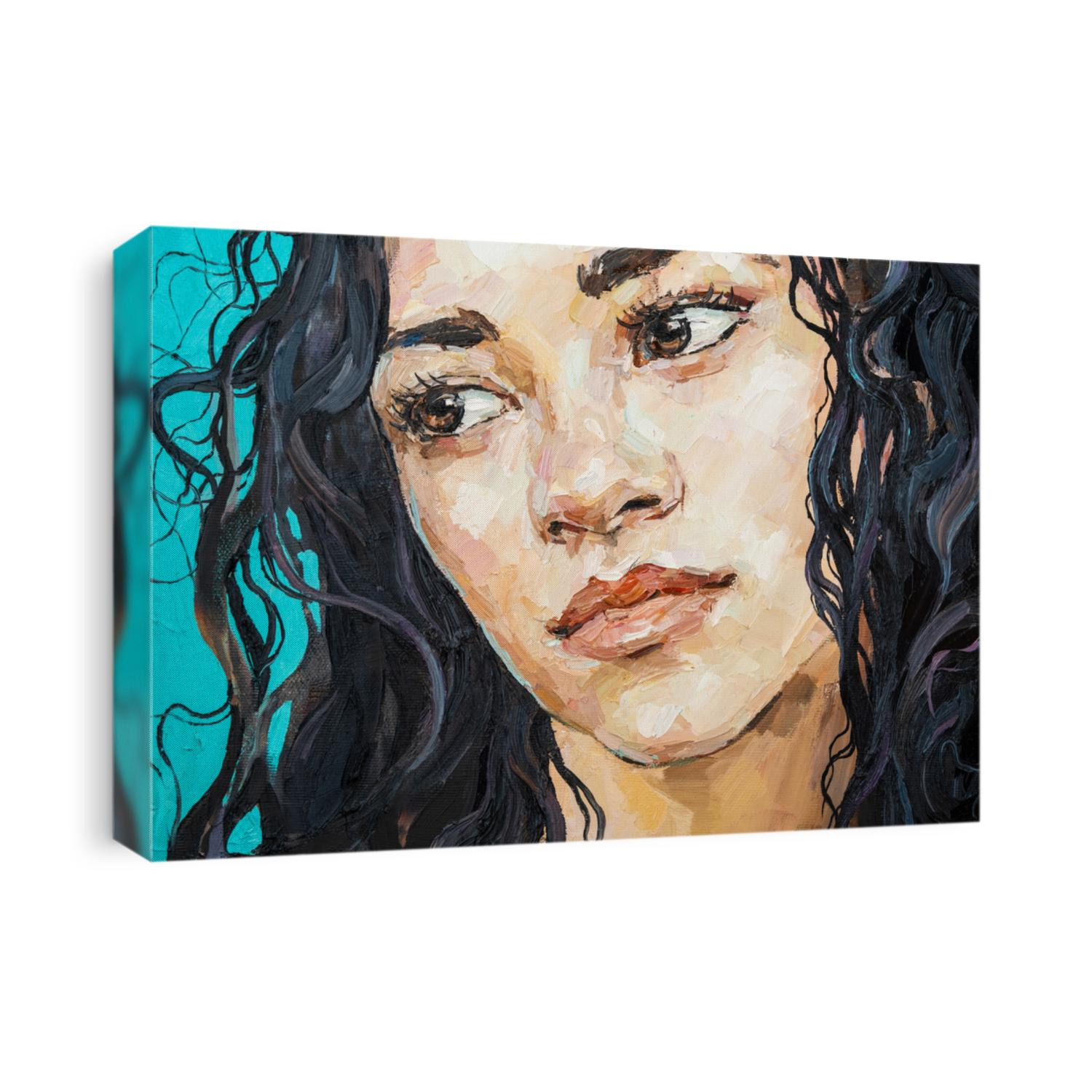 Fragment of work where fiery black curly hair as a waterfall falls from the head of a white-faced girl. .Portrait of a Hispanic woman on a blue background. Oil painting on canvas.