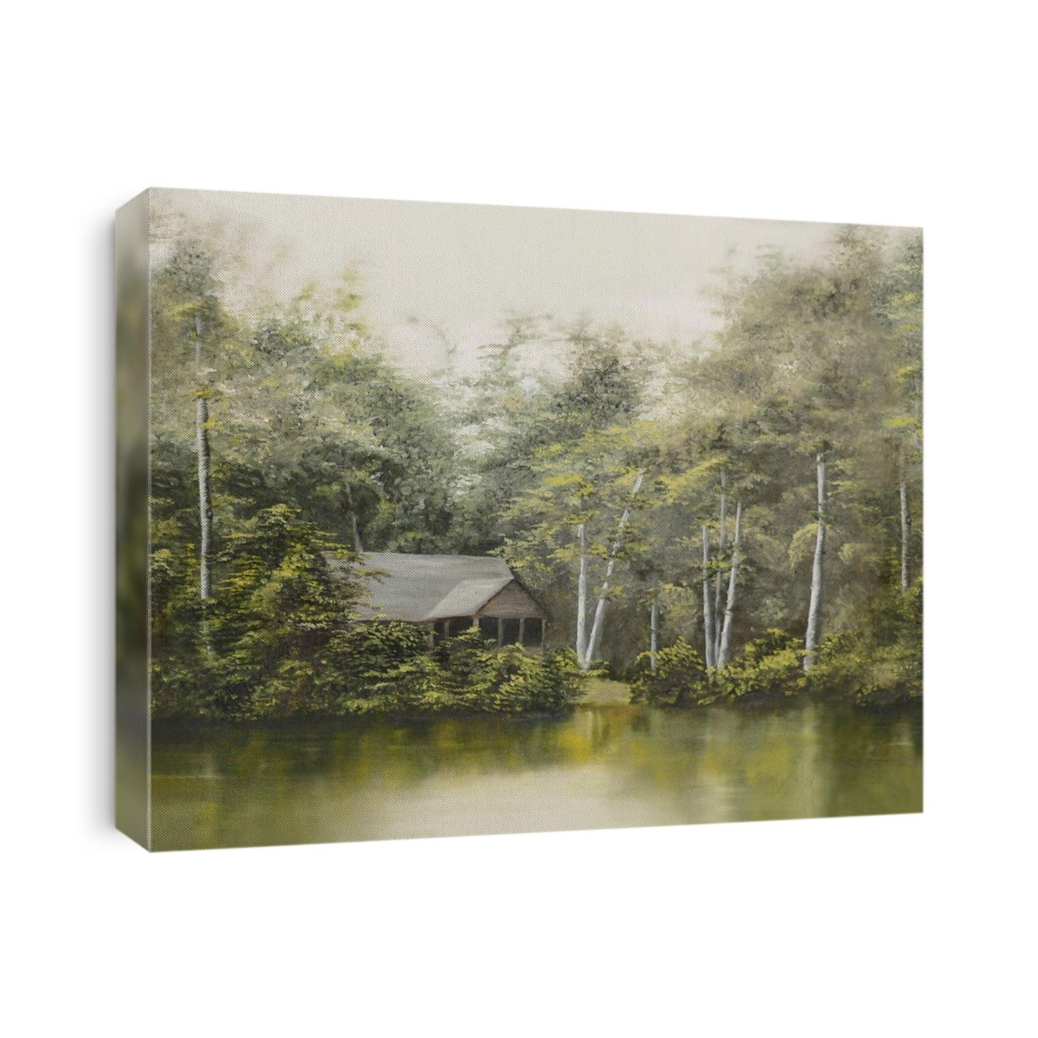 oil on canvas painted by the photographer of summer scene by tranquil lake in mossy green tones. There is a cabin nestled among some birch trees. The lake is glassy and still, reflecting the trees.