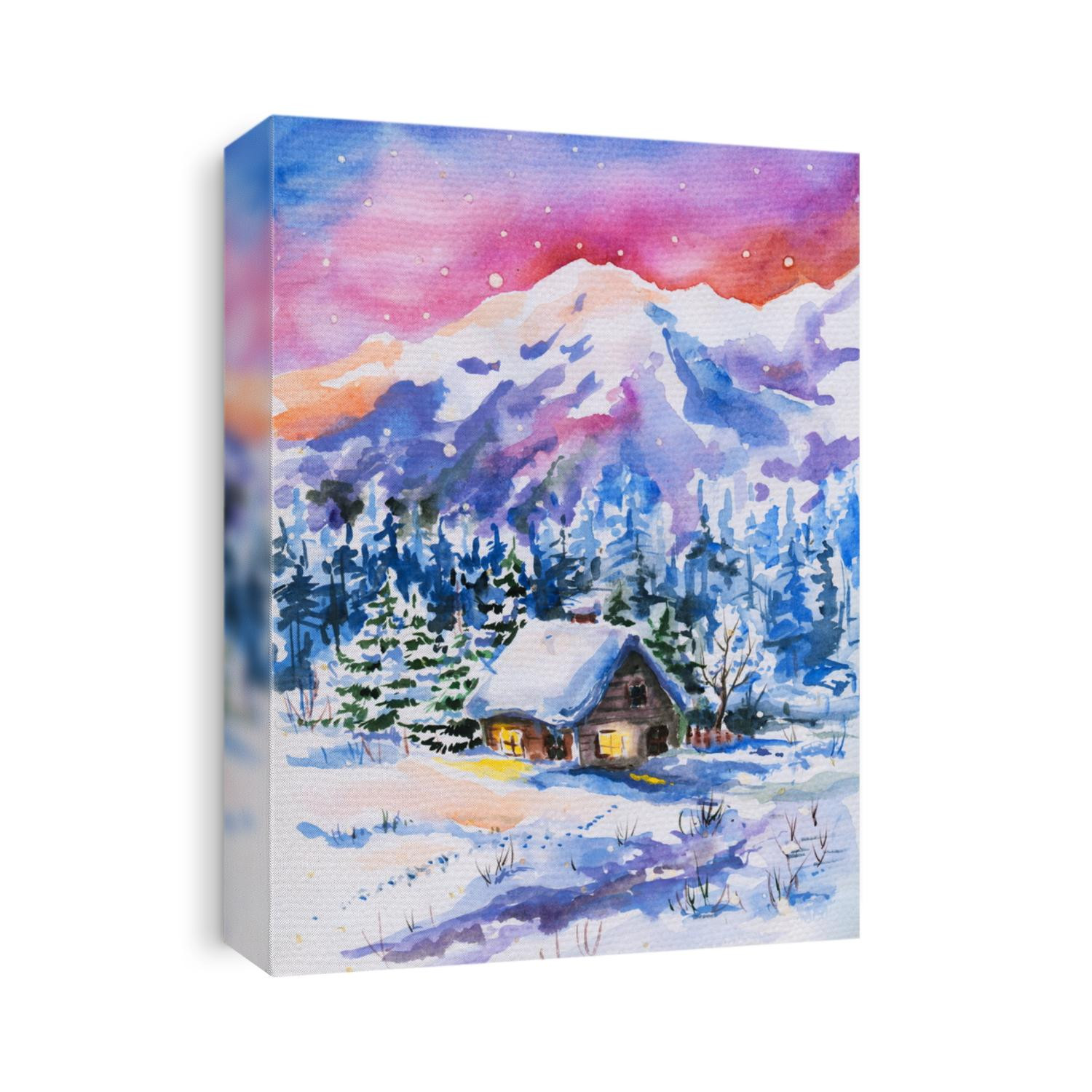Winter landscape with small house and mountains in background watercolor painted.