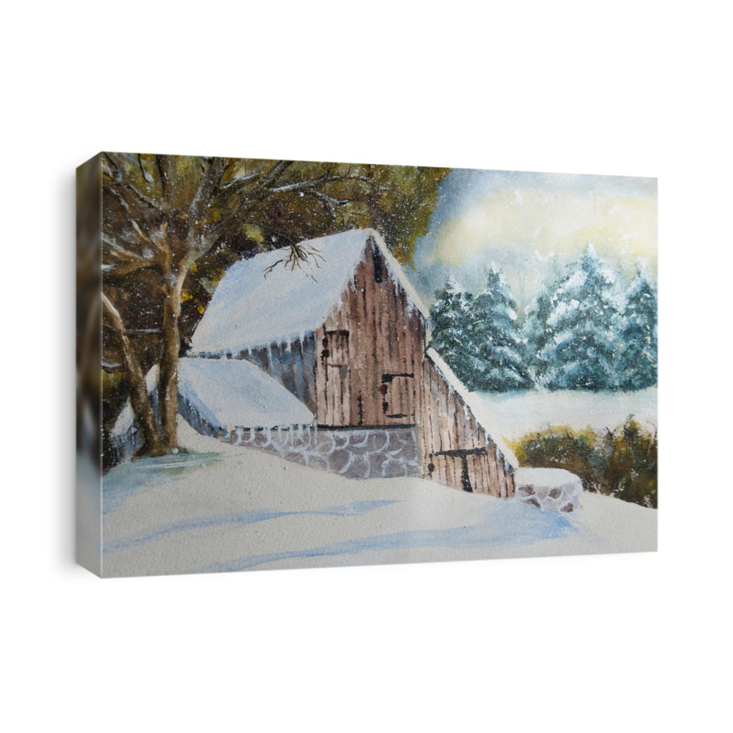 Canadian winter countryside home in watercolor and gouache. (I am the only author of this artwork)