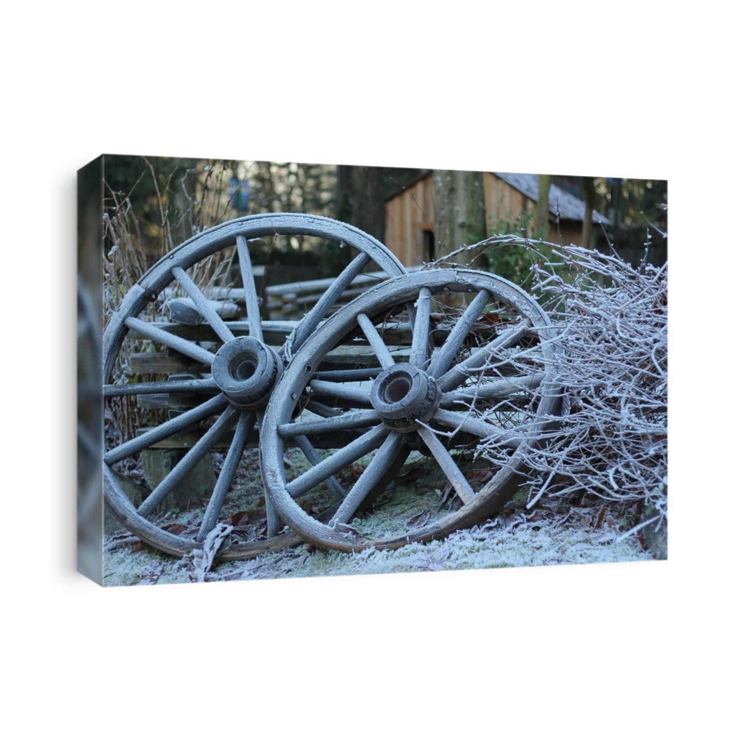 Winter scene of a rustic cabin in a ranch