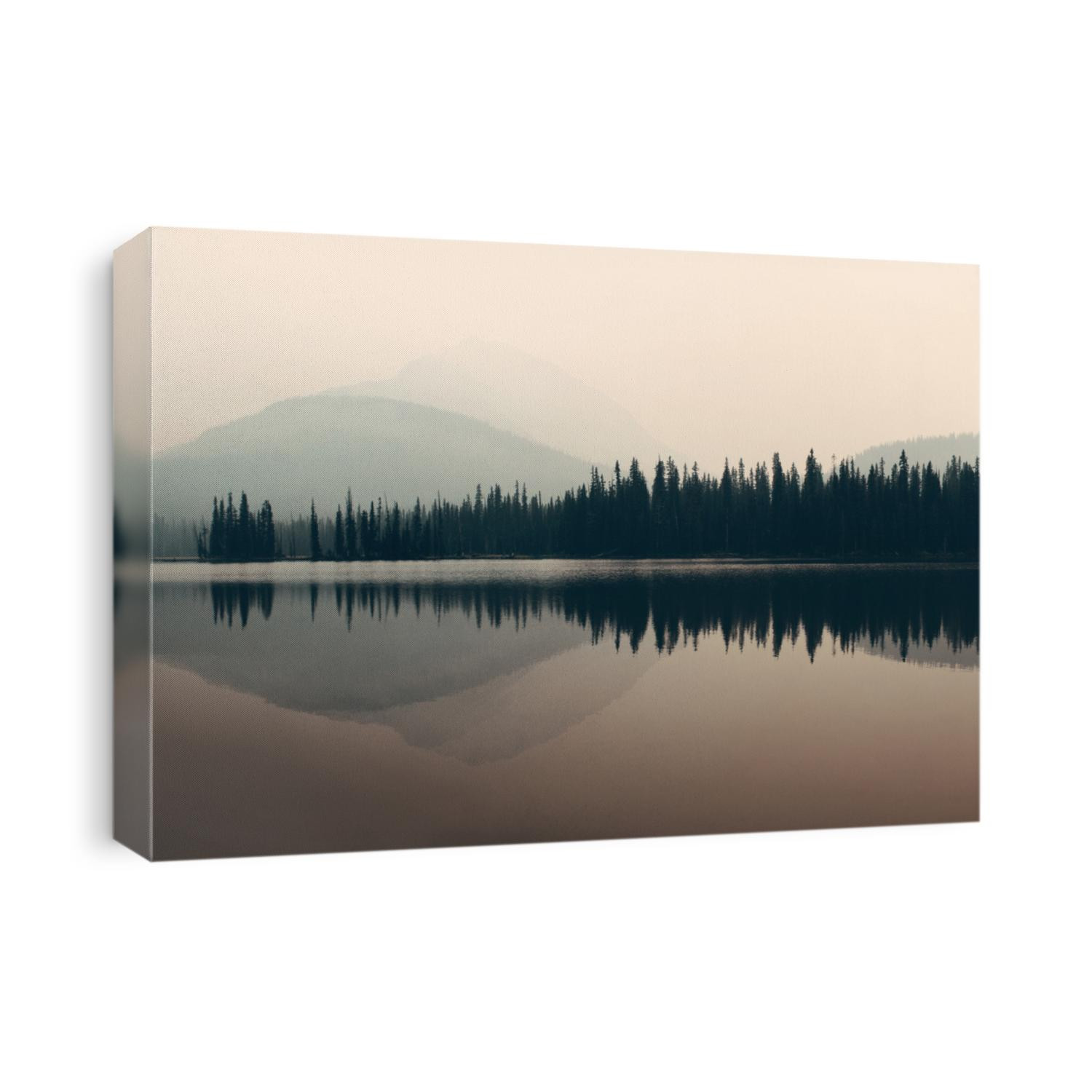 Mountain and forest over lake with reflections in a foggy day.