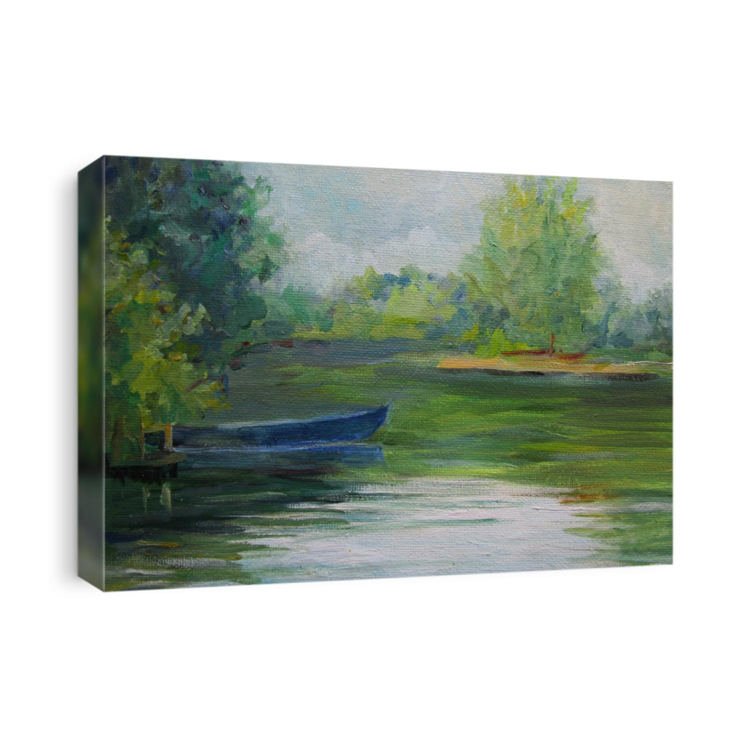 Landscape with the countryside. Boat on the lake. Oil painting.