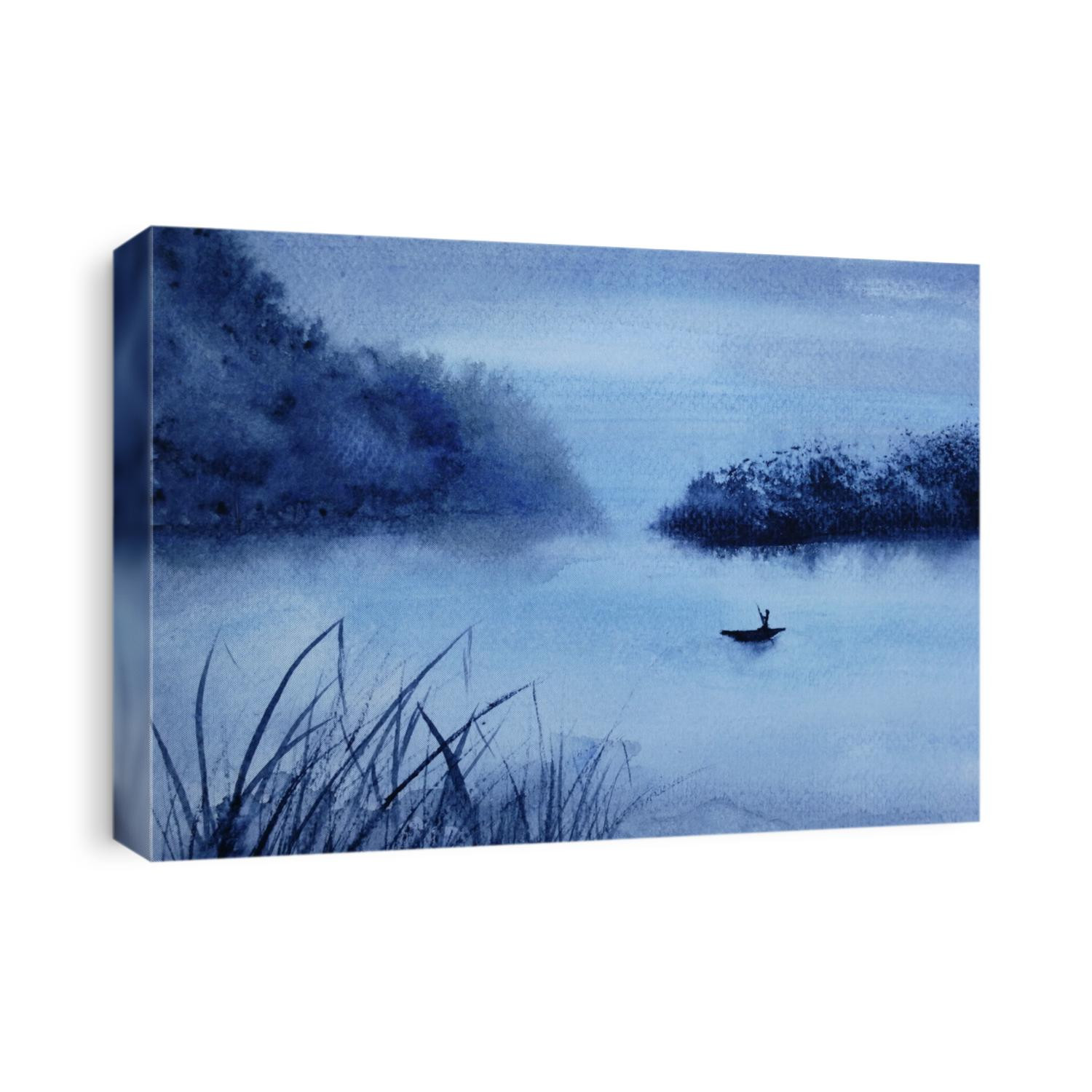 Watercolor landscape the man fishing on the lake cover fog and mountain. asia art painting
