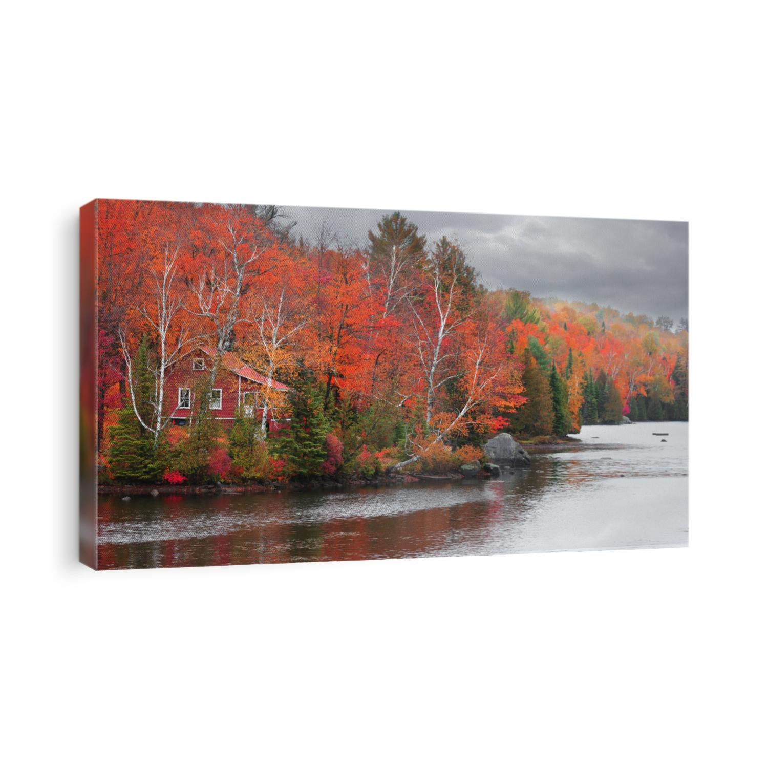 Colorful autumn trees by the lake shore in rural Quebec 