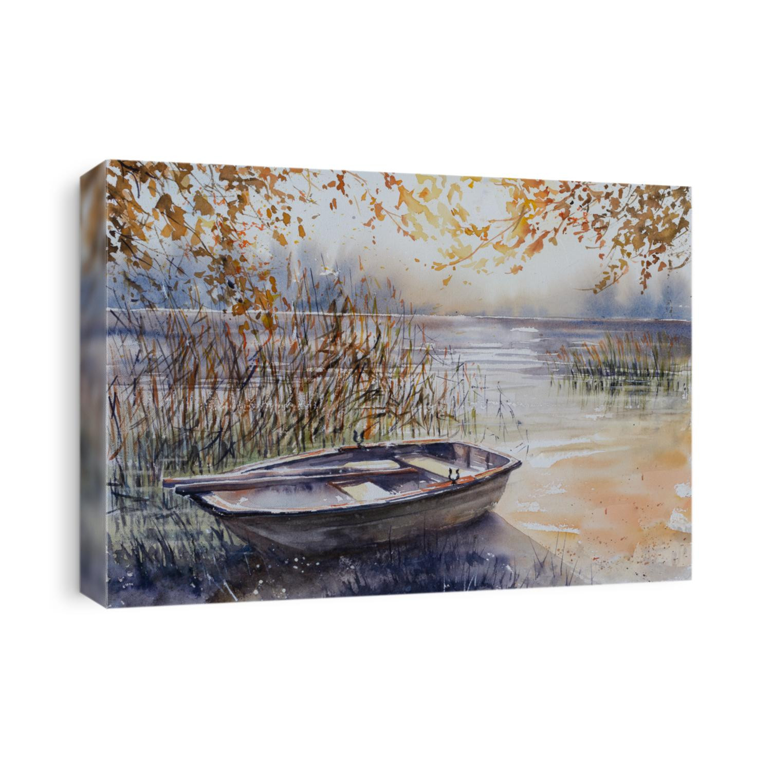 Fishing boat on the shore of a forest reservoir. Picture created with watercolors.