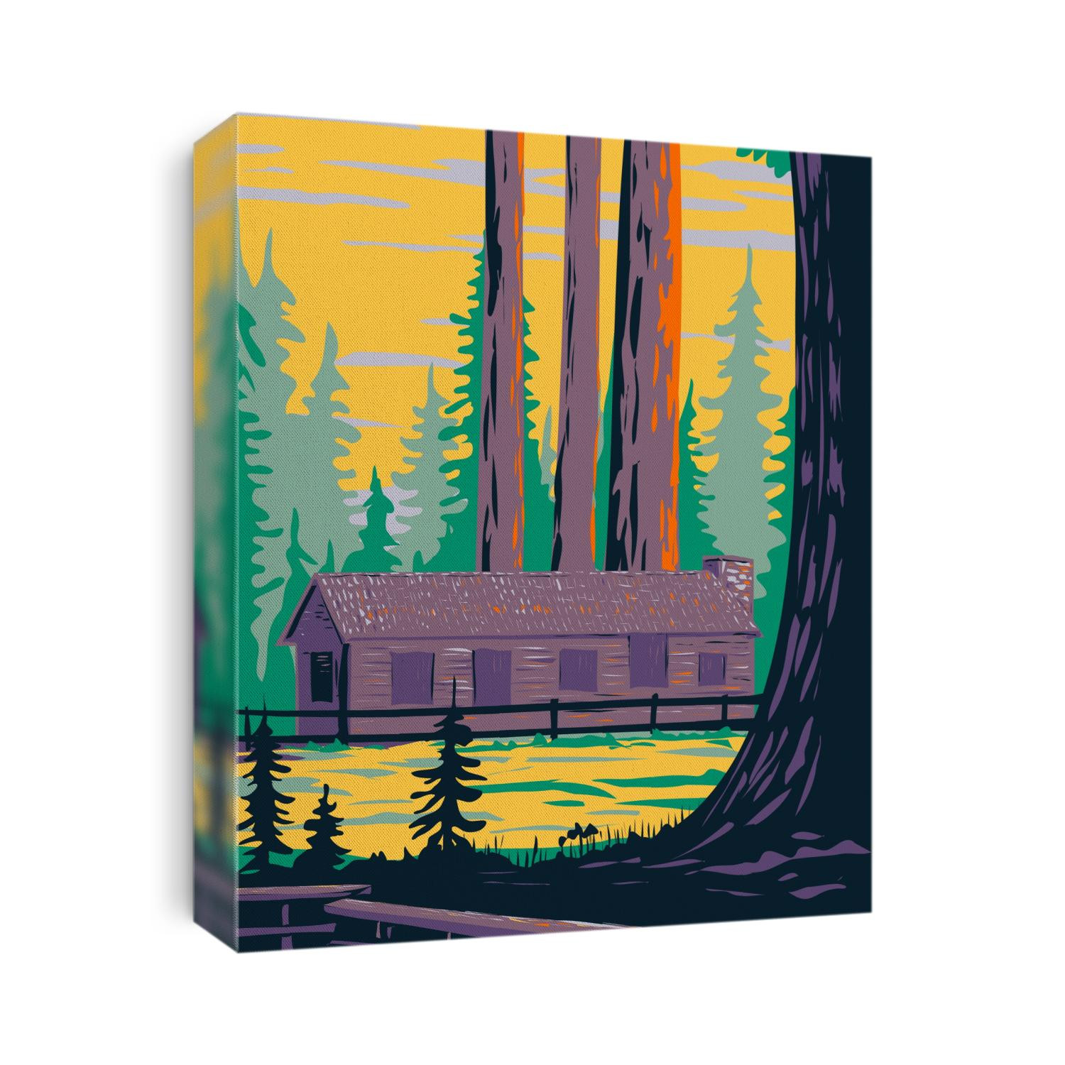WPA poster art of Mariposa Grove Cabin with General Grant and General Sheridan tree located in Yosemite National Park, California, United States of America done in works project administration style.