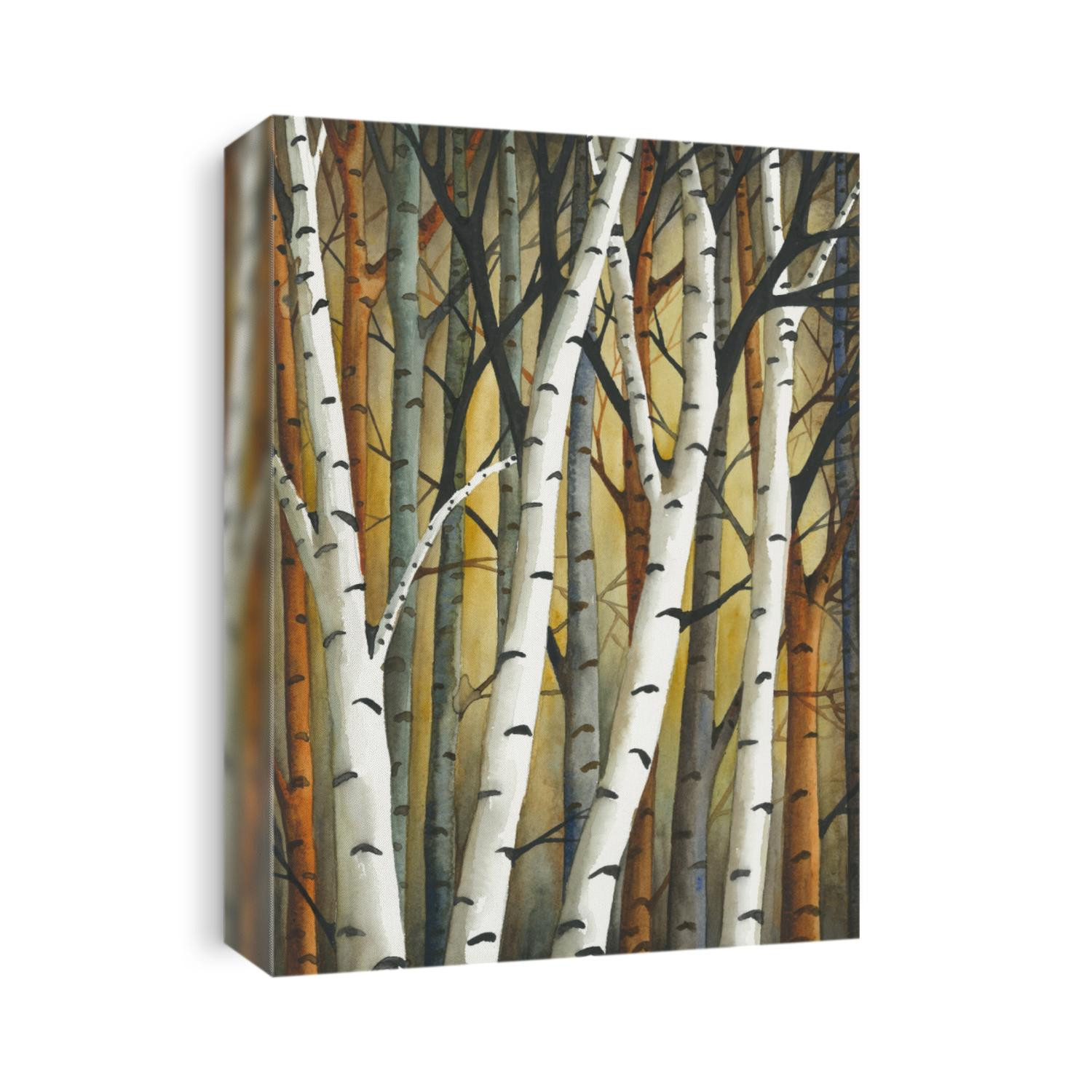 Watercolor painting of birch forest. Trunks of trees. View to the forest. White bark of birch trees. Birch trees paint.
