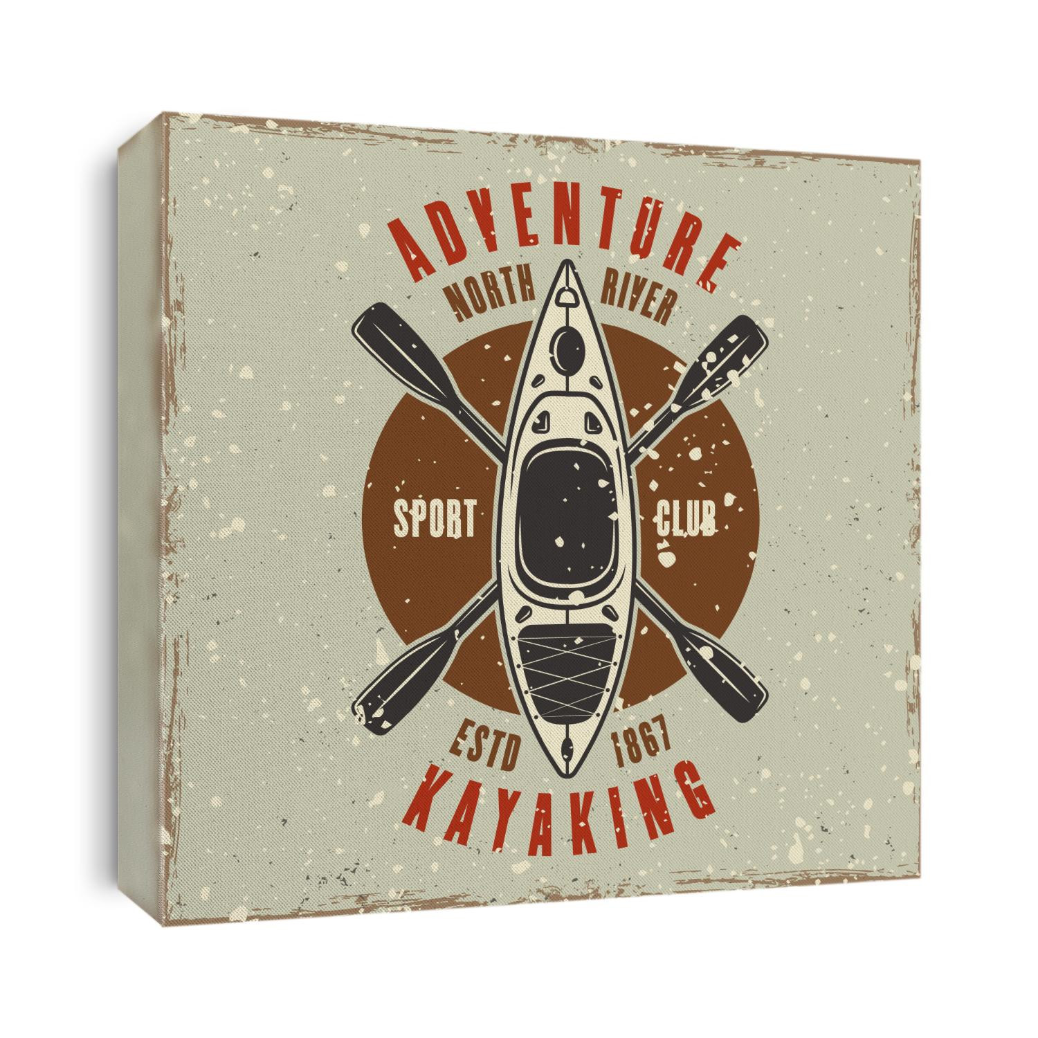 Kayak and two crossed paddles colored emblem, badge, label or logo vector illustration in retro style with grunge textures and scratches