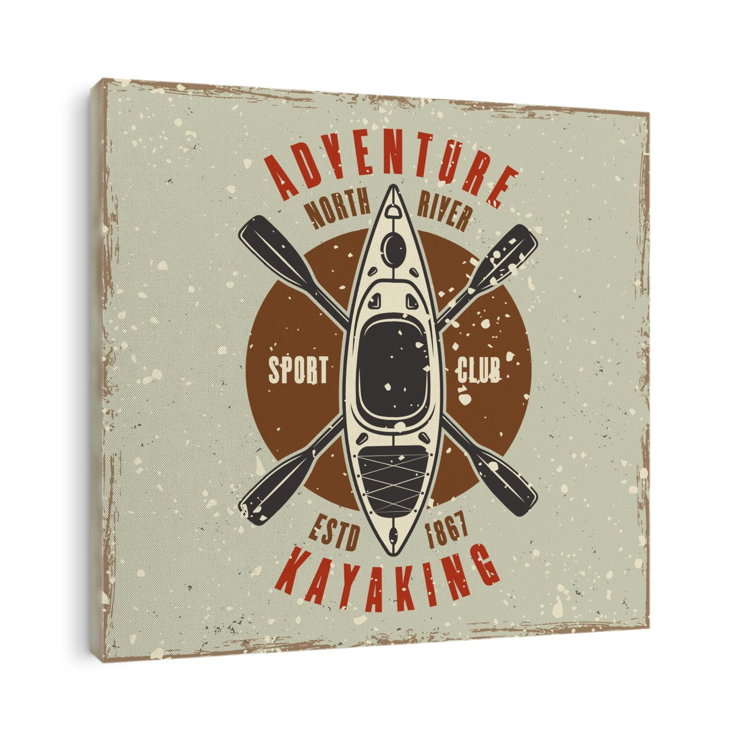 Kayak and two crossed paddles colored emblem, badge, label or logo vector illustration in retro style with grunge textures and scratches