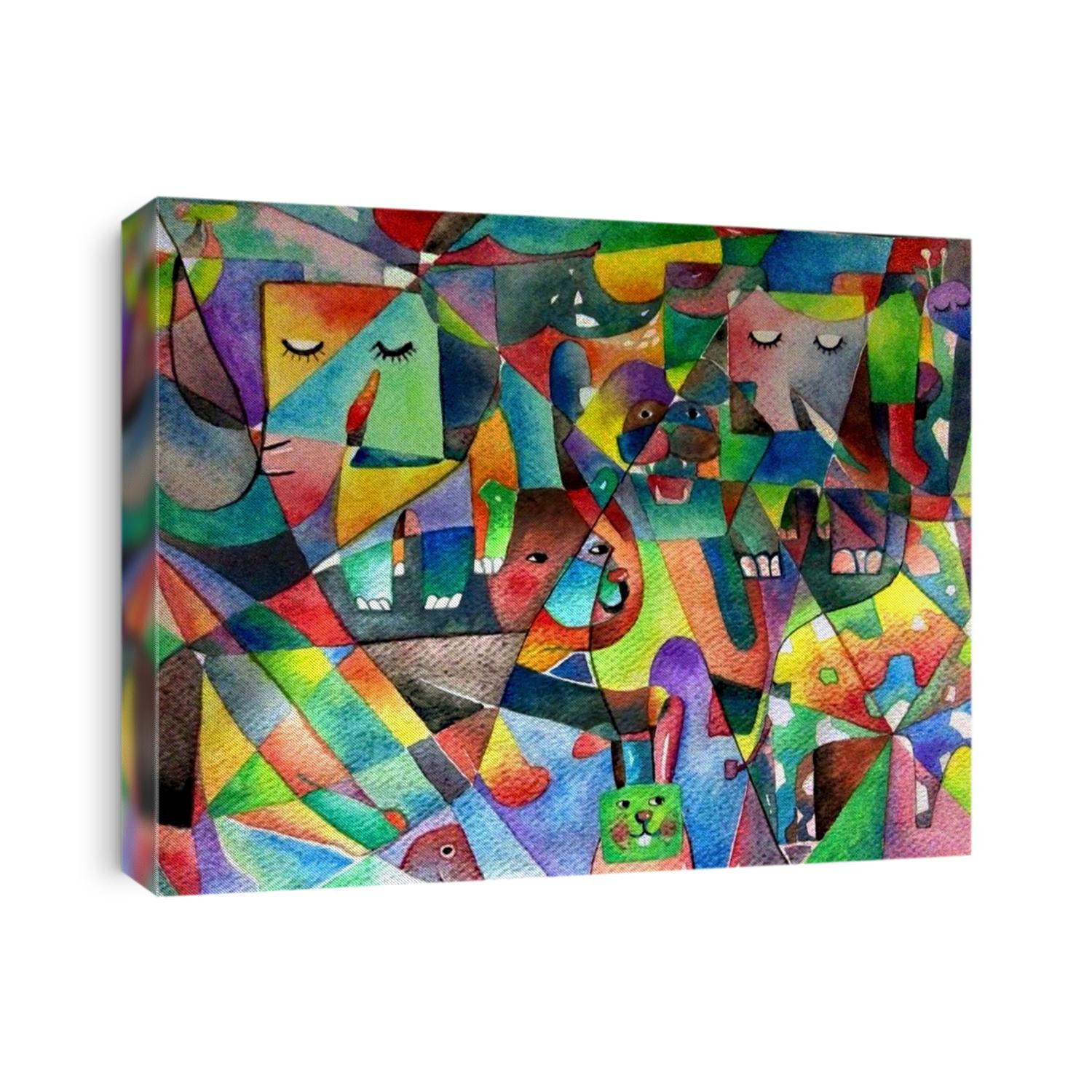 water colour paintings composition,cubism,animals,zoo,Fish, birds, rabbits, bears, elephants, lions, giraffes.