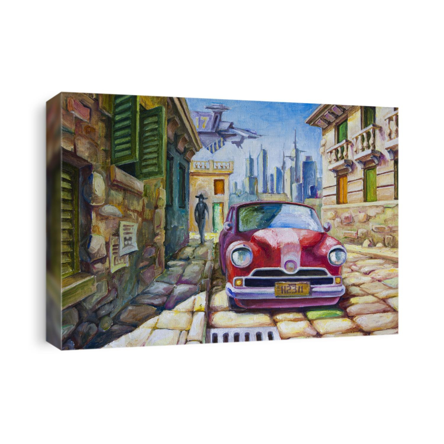 The old red car is standing at the sunny street of the southern city near the old colonial style architecture buildings. The oil painting 70x50 cm.