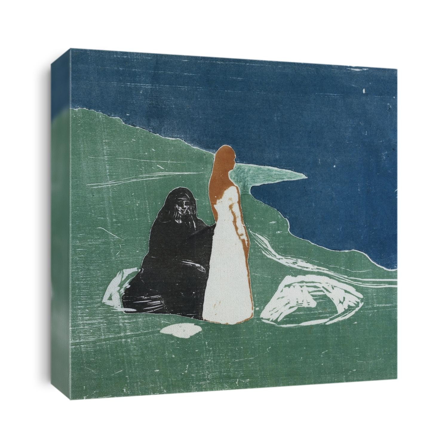 Two Women at the Seashore, by Edvard Munch, 1898, Norwegian print, color woodcut. A young woman in white looks into the sea, while the old women in black looks away