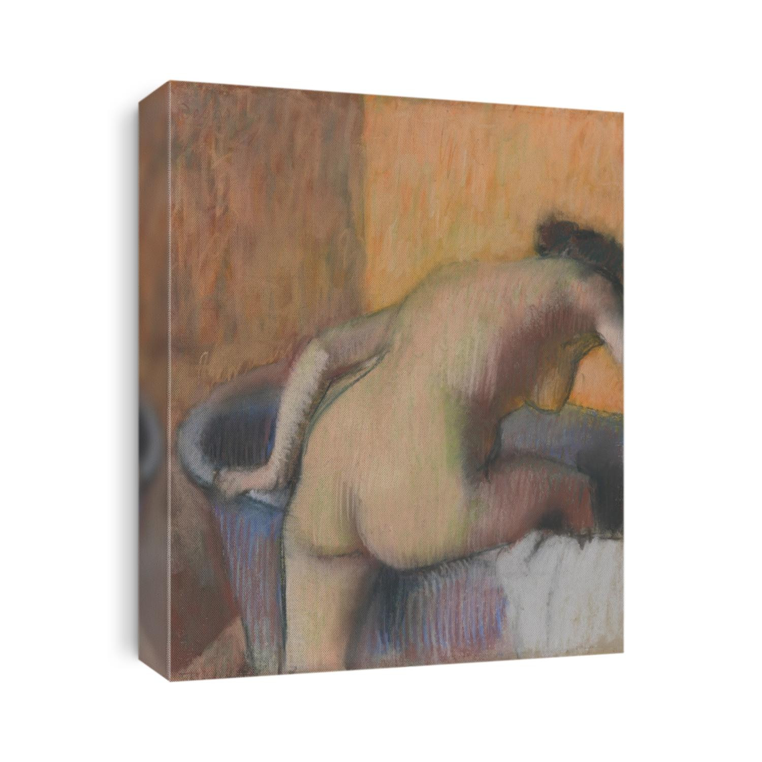 Bather Stepping into a Tub, by Edgar Degas, 1890, French impressionist pastel and charcoal drawing. This is one of seven pastels in which Degas depicted a nude entering a bath tub