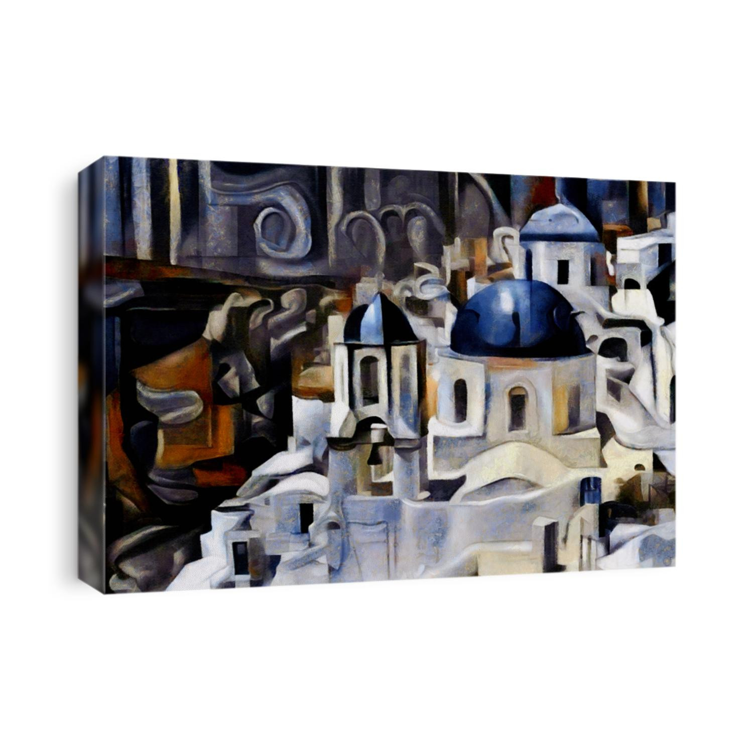 The resort town of Santorini in Greece. Abstract landscape in the style of cubism. The painting is done in oil on canvas with elements of pastel painting.