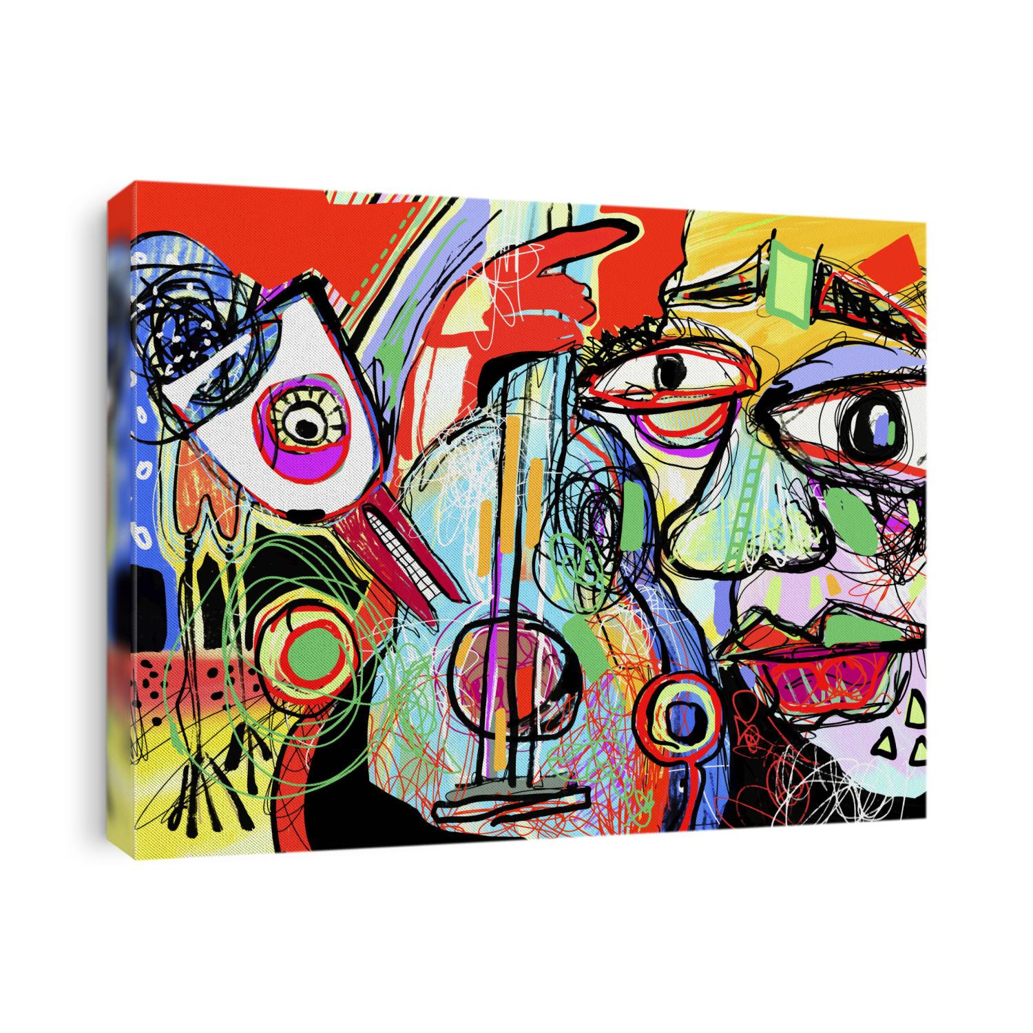 original digital painting cubism style of a man plays the guitar and a fantastic bird listens to his song, contemporary art vector illustration