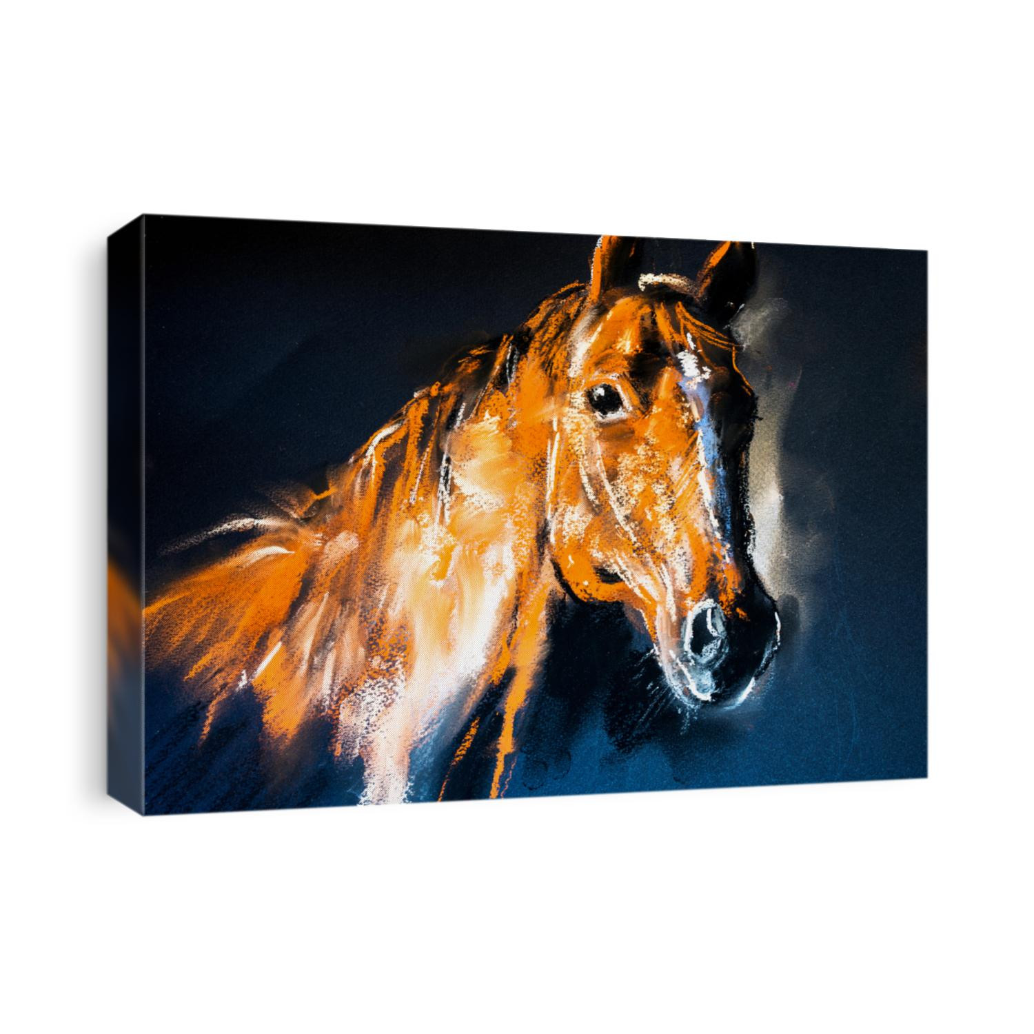 Pastel portrait of a brown horse on a cardboard. Modern art