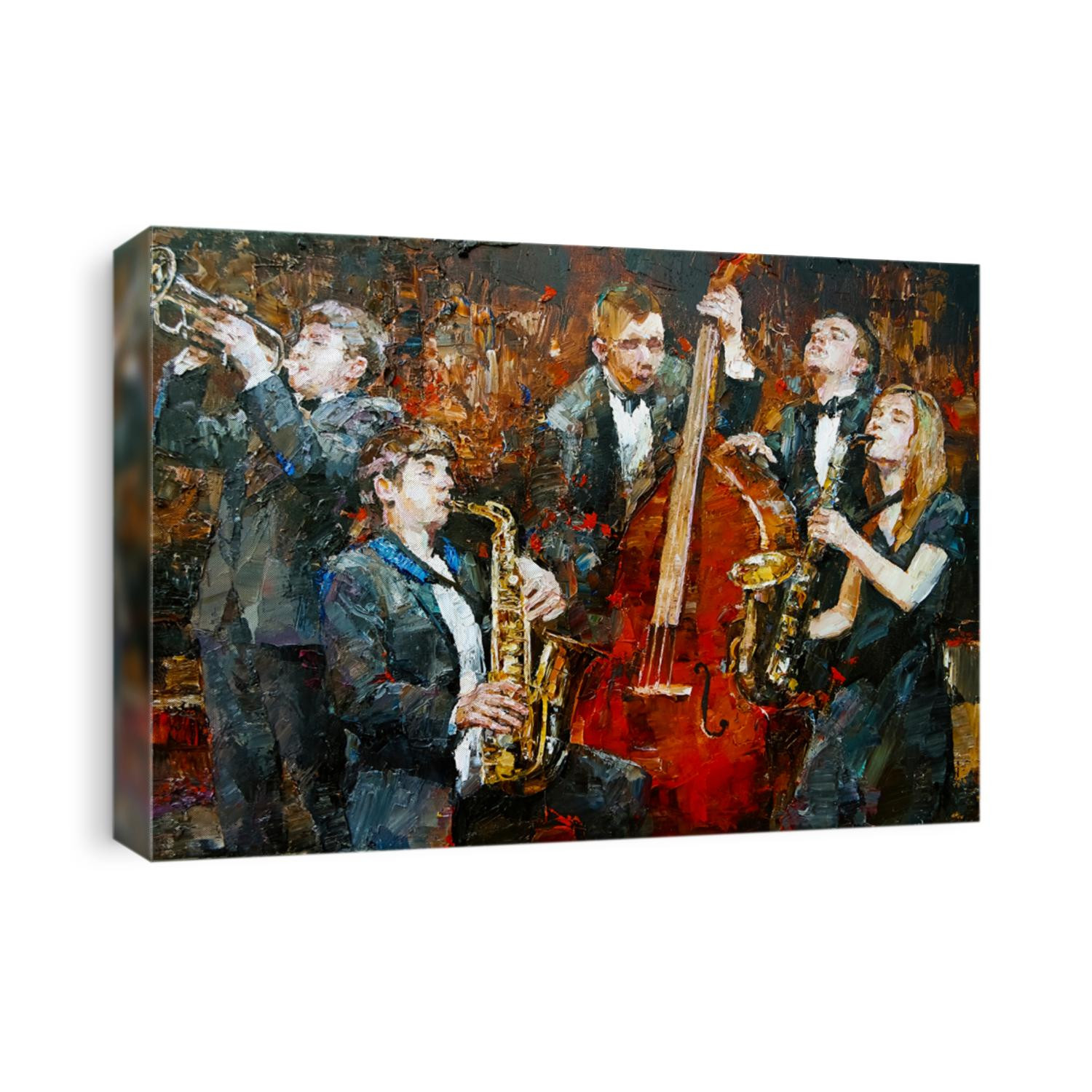 Stylish jazz band playing music on the scene, background is brown. Palette knife technique of oil painting and brush.