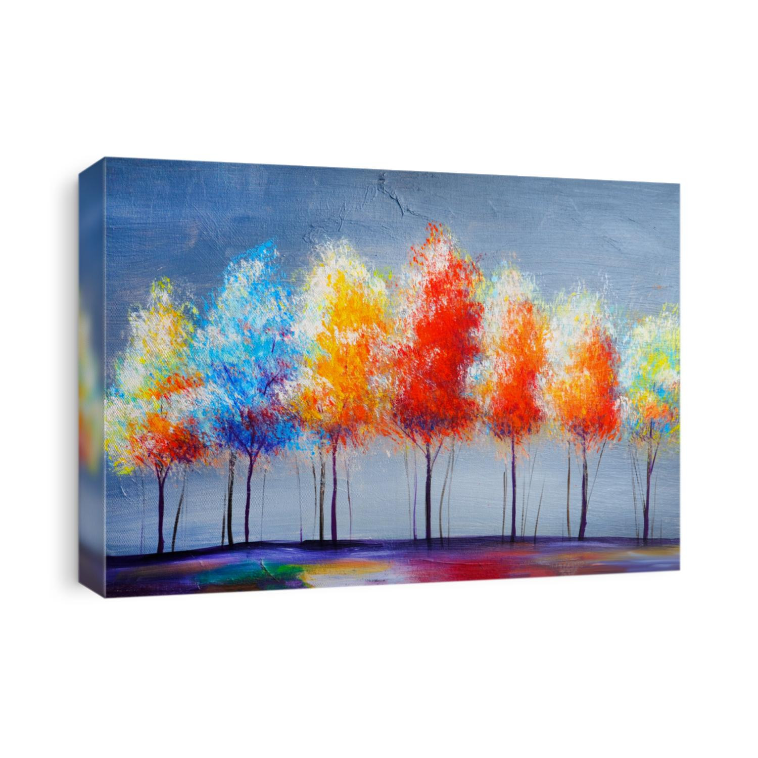 Oil acryl painting landscape, colorful yellow red trees. Hand Painted Impressionist, outdoor landscape.