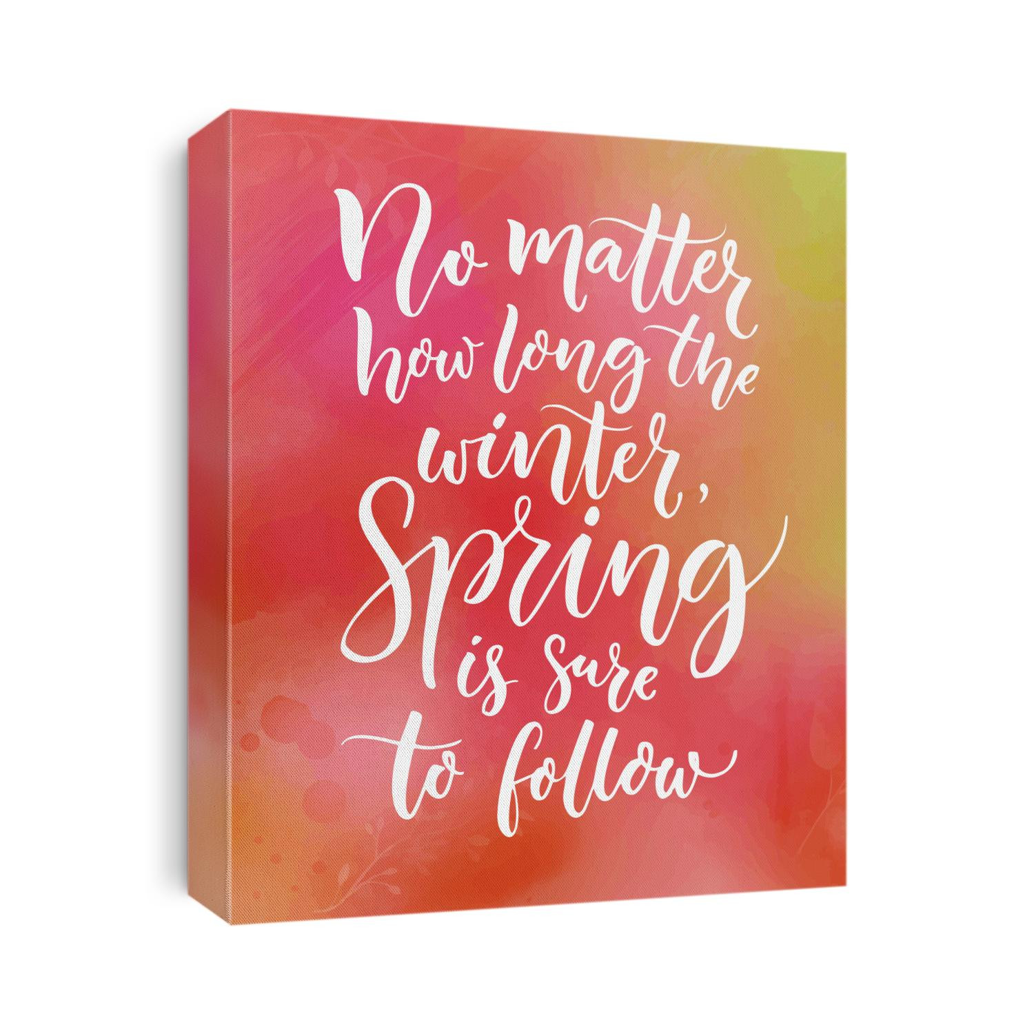 No matter how long the winter, spring is sure to follow. Inspirational quote about seasons. Calligraphy at pink and green watercolor texture.
