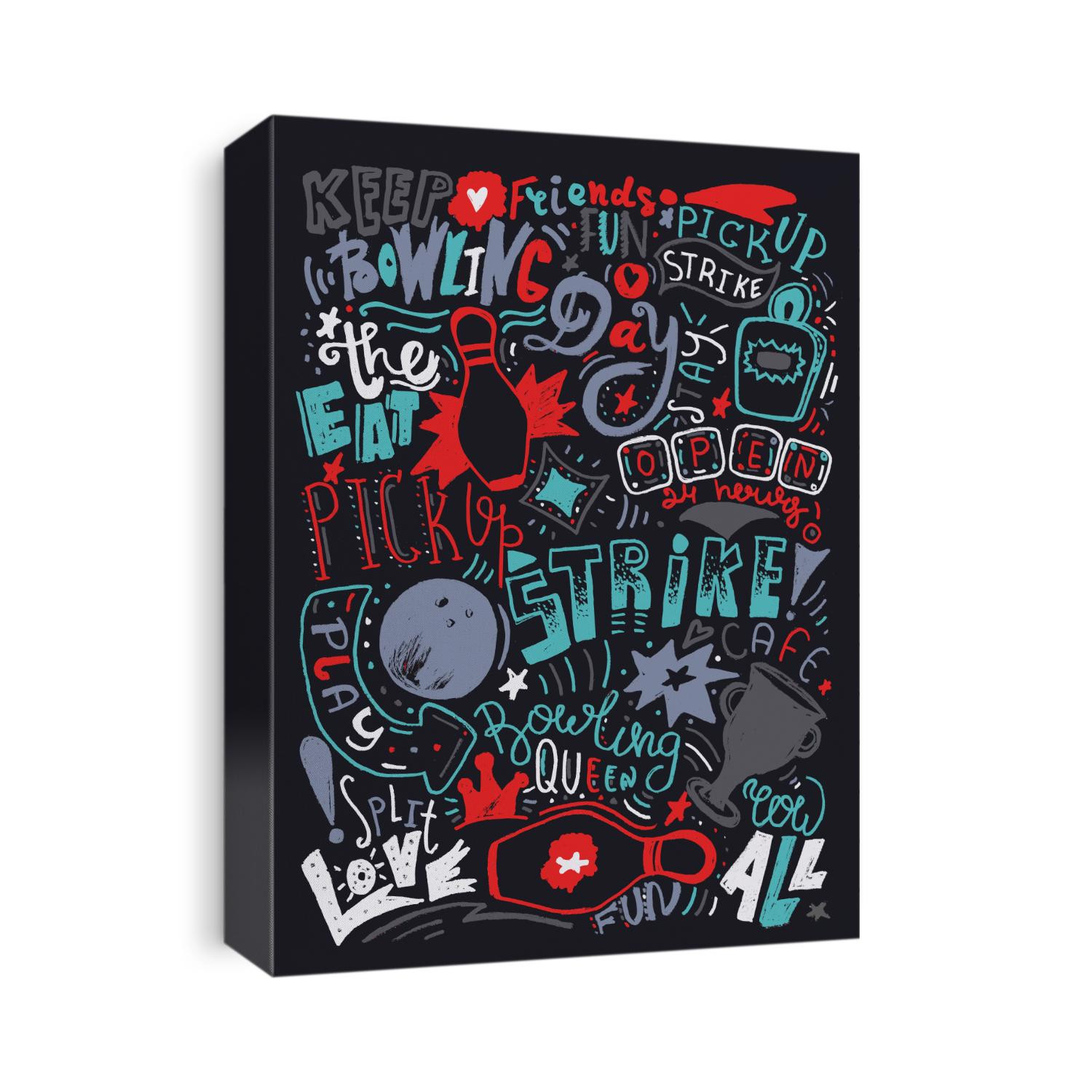 Vector bowling tournament poster with doodle lettering and equipment. Colorful modern print design for wall