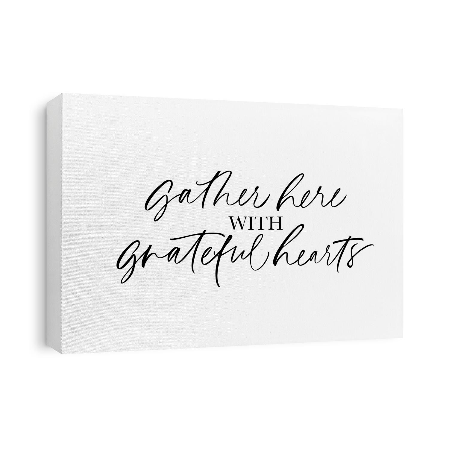 Gather here with grateful heart handwritten lettering. Grunge ink pen quote isolated vector calligraphy. Optimistic phrase freehand cursive inscription. Book, journal article headline design element