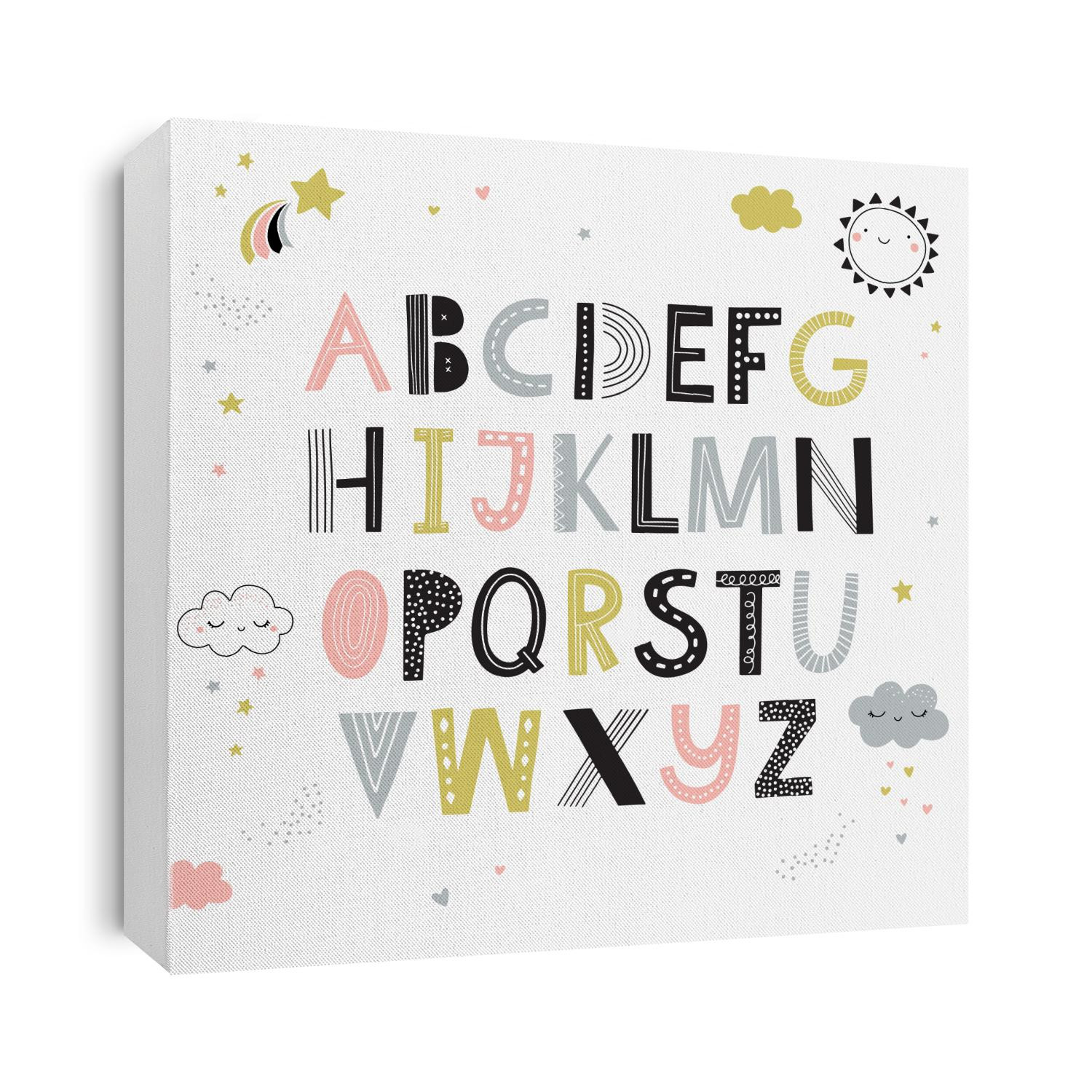Hand drawn children alphabet with cute sky illustrations in scandinavian style. Cut out funky letter set for posters, nursery, clothing.