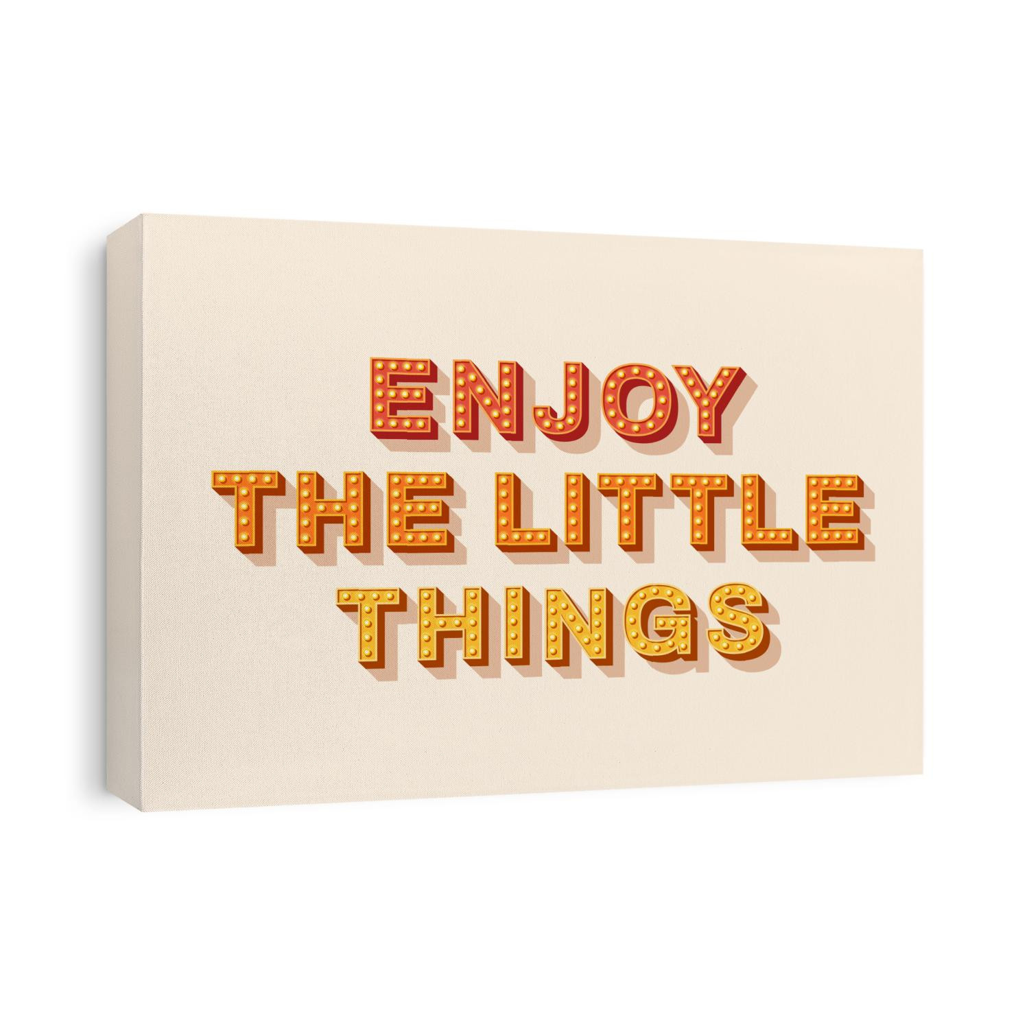 Slogan Enjoy the little things, vector lettering, colorful typography icon with light bulbs. Retro style text isolated on white background. Phrase or sign for prints and stickers.