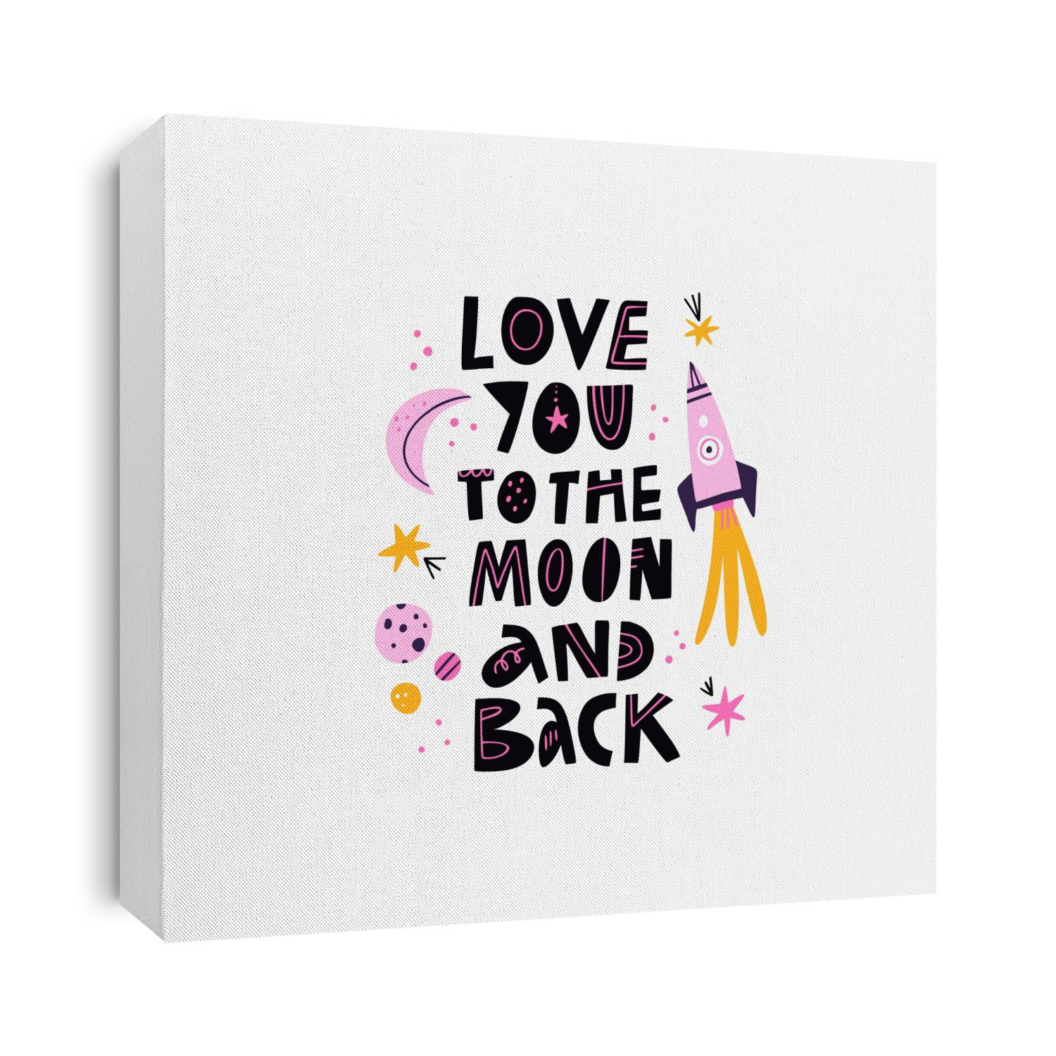 Love You To The Moon And Back hand drawn lettering quote isolated on white. Planets, moon, stars, flying rocket, galaxy sketchy doodle drawing. Cute cartoon spaceship in outer space. Cosmic art poster
