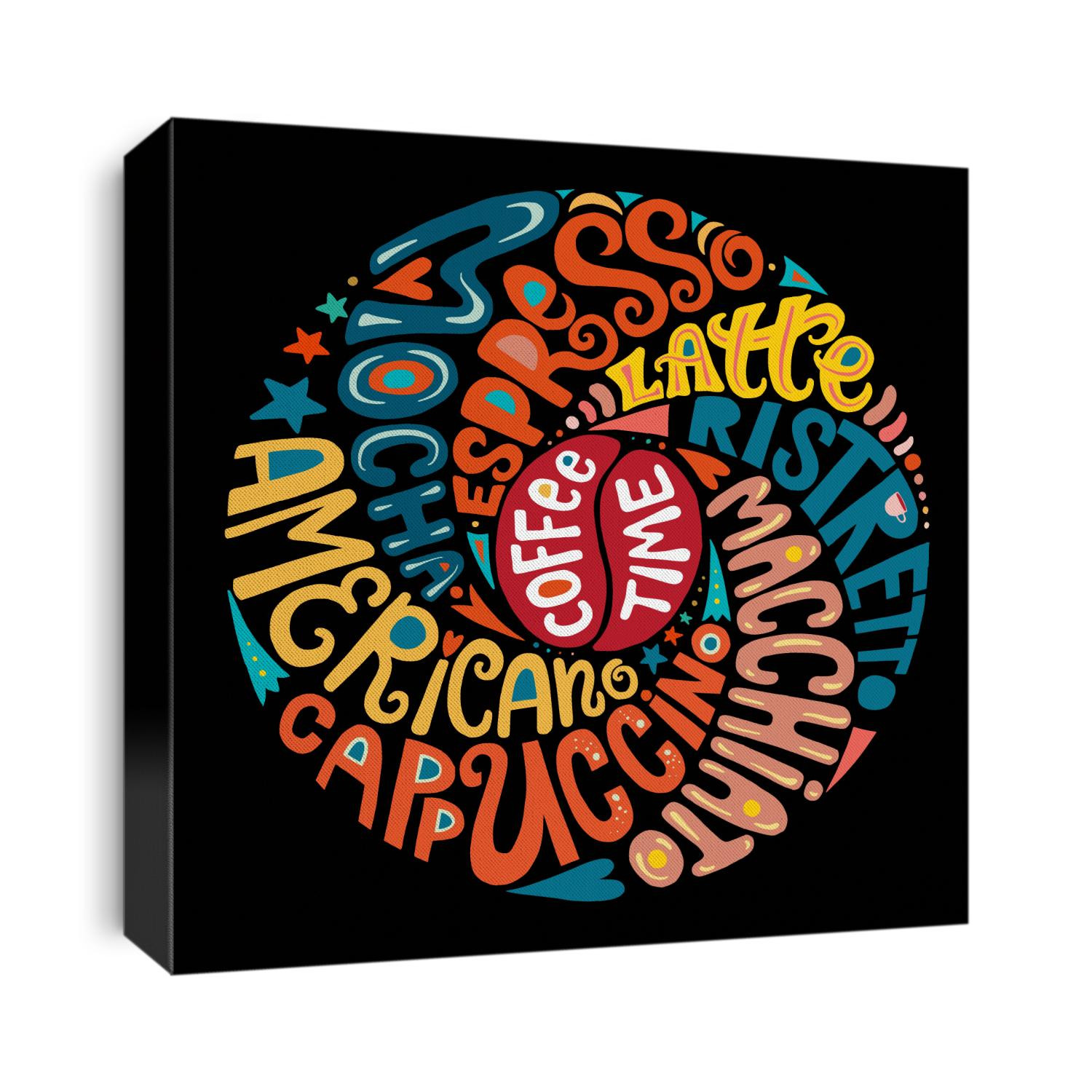 Illustration with different types of coffee, hand drawn lettering design for wall decoration, poster, plate, emblem, t-shirt. Isolated on white background, Unique creative concept for menu, cafe.