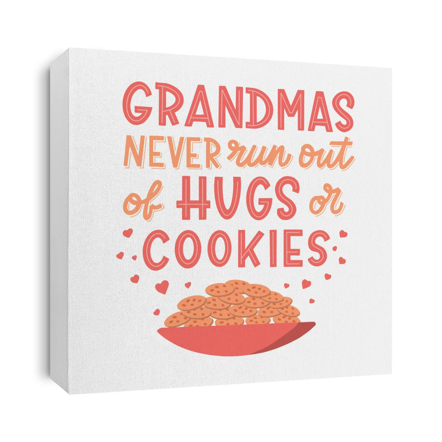 Grandmas never run out of hugs or cookies. Hand lettering quote with hearts and plate of cookies. Print for greeting cards, t-shirts, mugs, posters and other. Vector illustration.