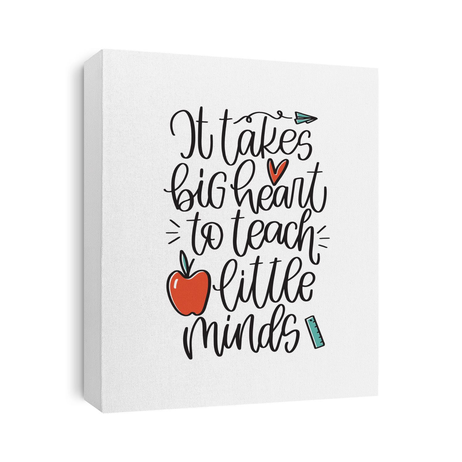 Teacher quote vector design with apple, paper plane and ruler images. It takes big heart to teach little minds calligraphy phrase for a gift decoration or t-shirt iron on.