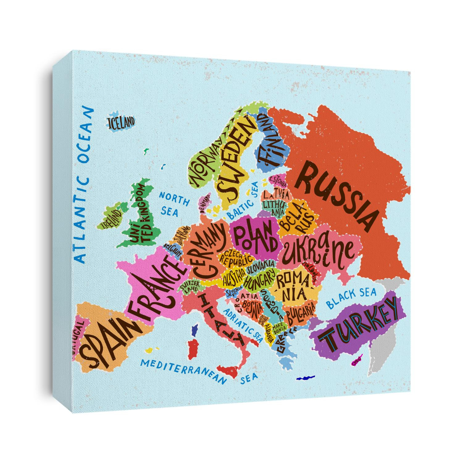 Vector Europe map. Decorative typography poster with all European countries, unique lettering design for print, home decoration, school infographic. Colorful editable vector illustration.