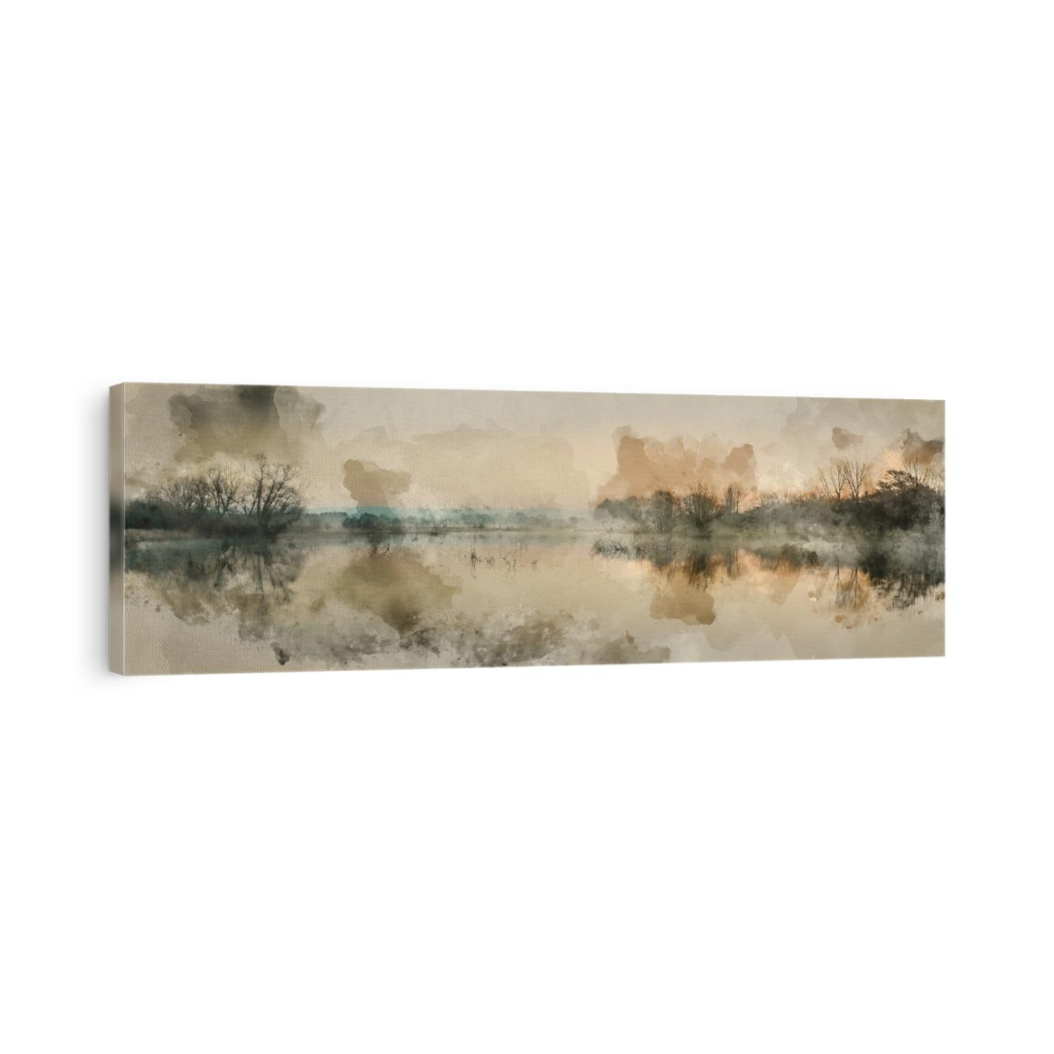 Watercolor painting of Beautiful tranquil landscape panorama of lake in mist