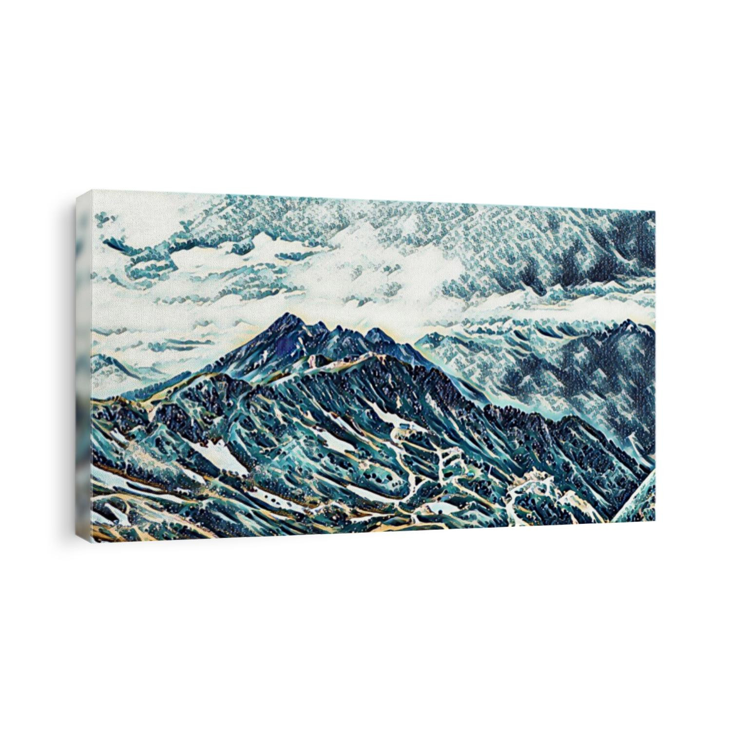 Digital painting of a panoramic view of Caucasian mountains under cloudy sky from the highest point of Rosa Khutor
