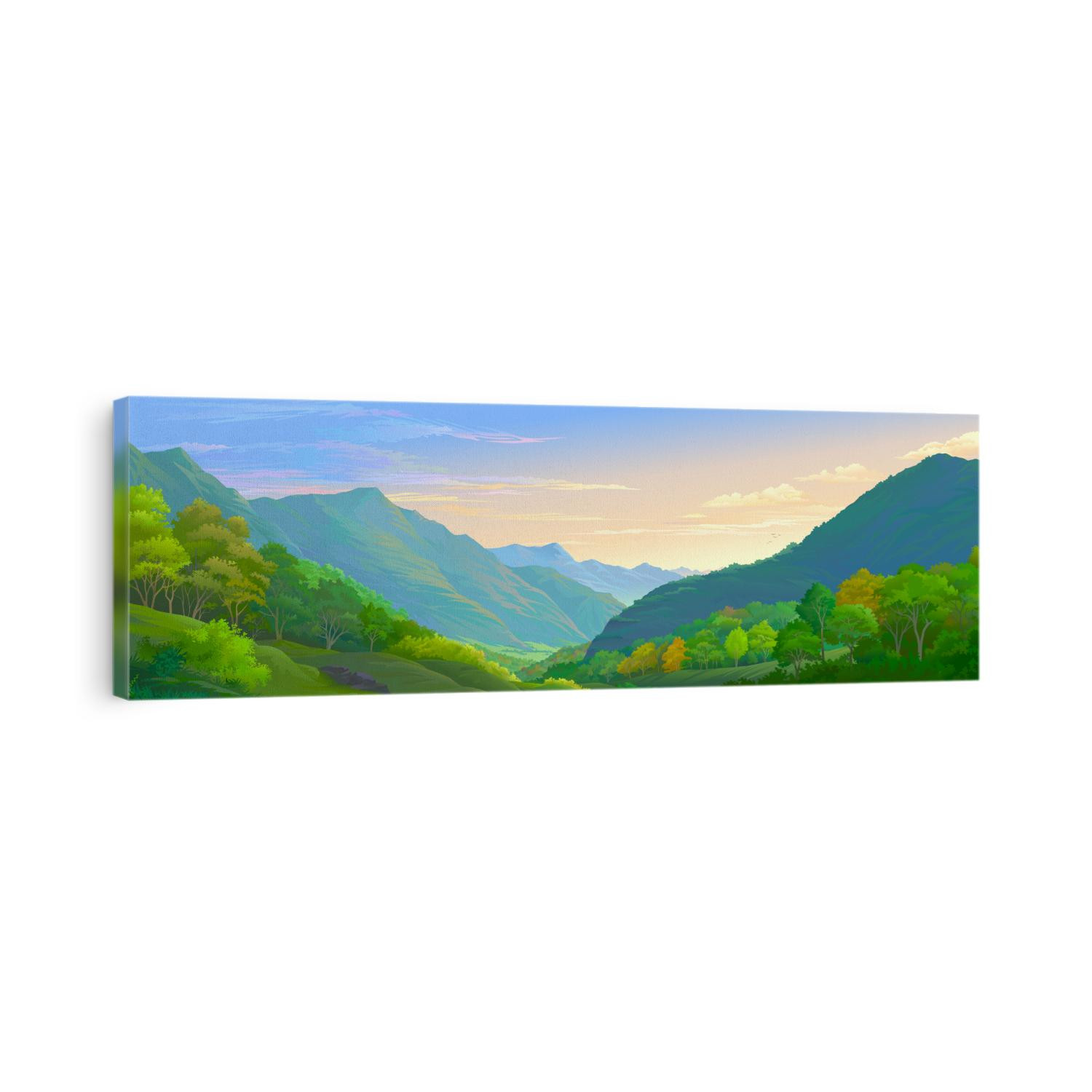 A detailed illustration of the mountain landscape with meadows and trees.