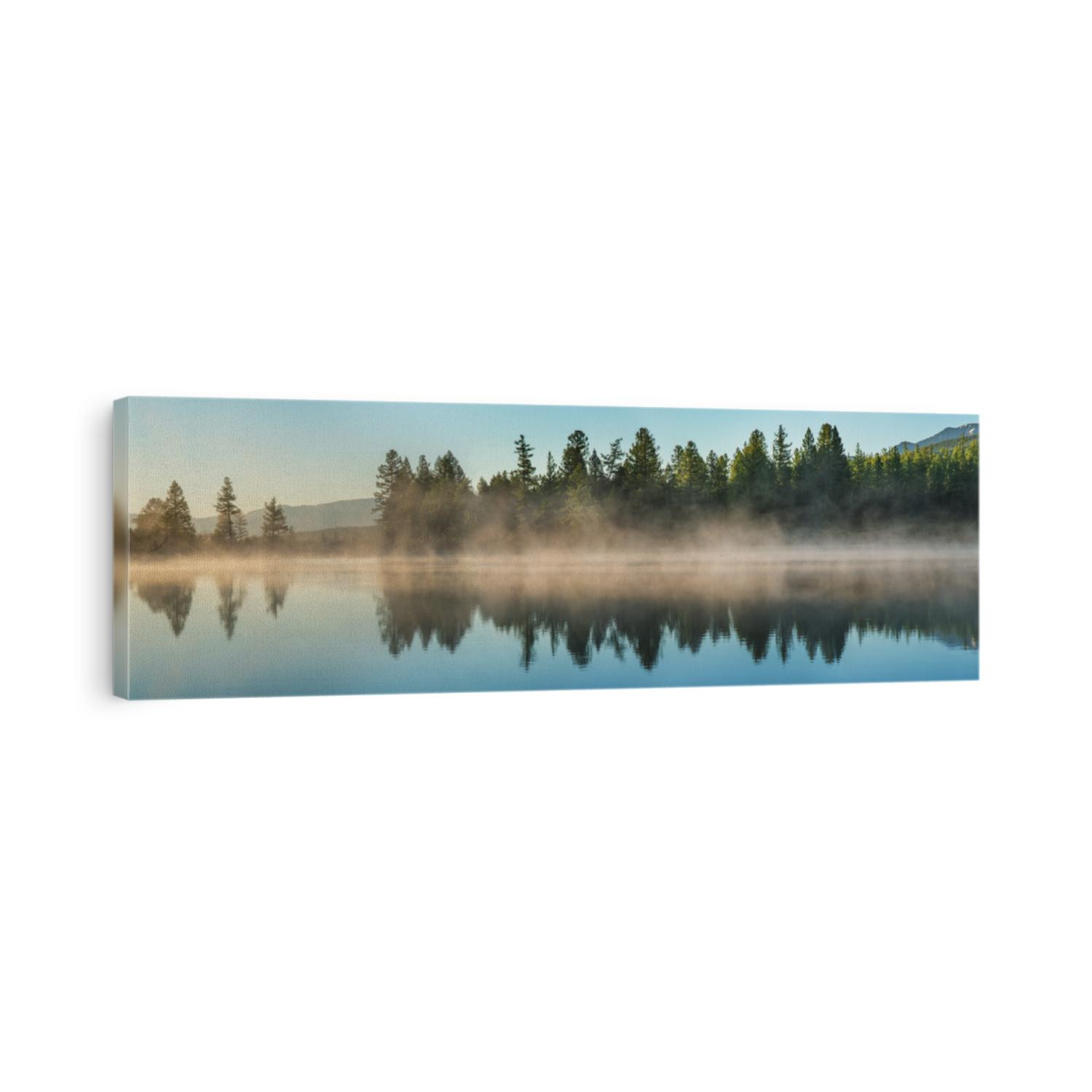 Panoramic view of forest lake in morning fog, summer travel