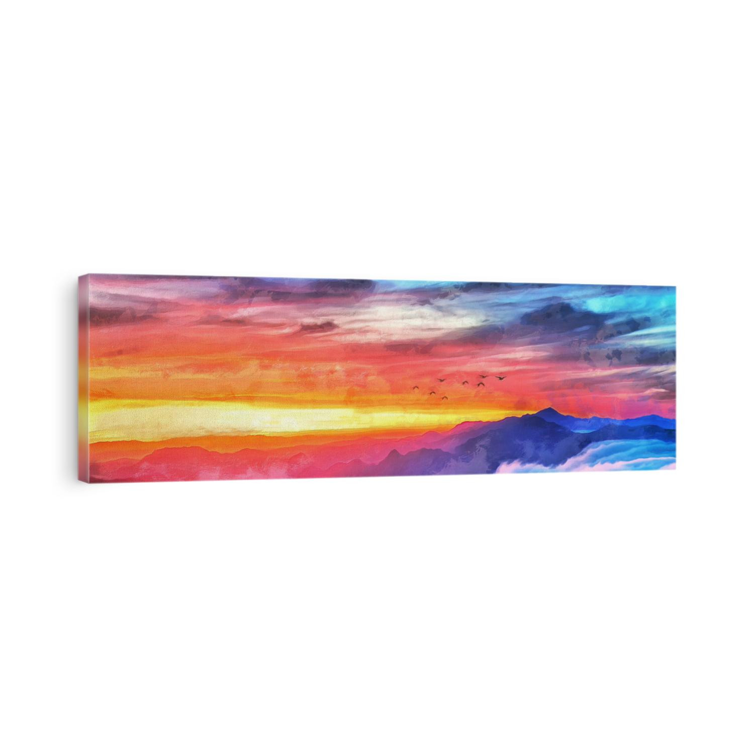 Wide panoramic view of the sunset sky. Birds are flying over the mountains. Artistic works on the theme of nature