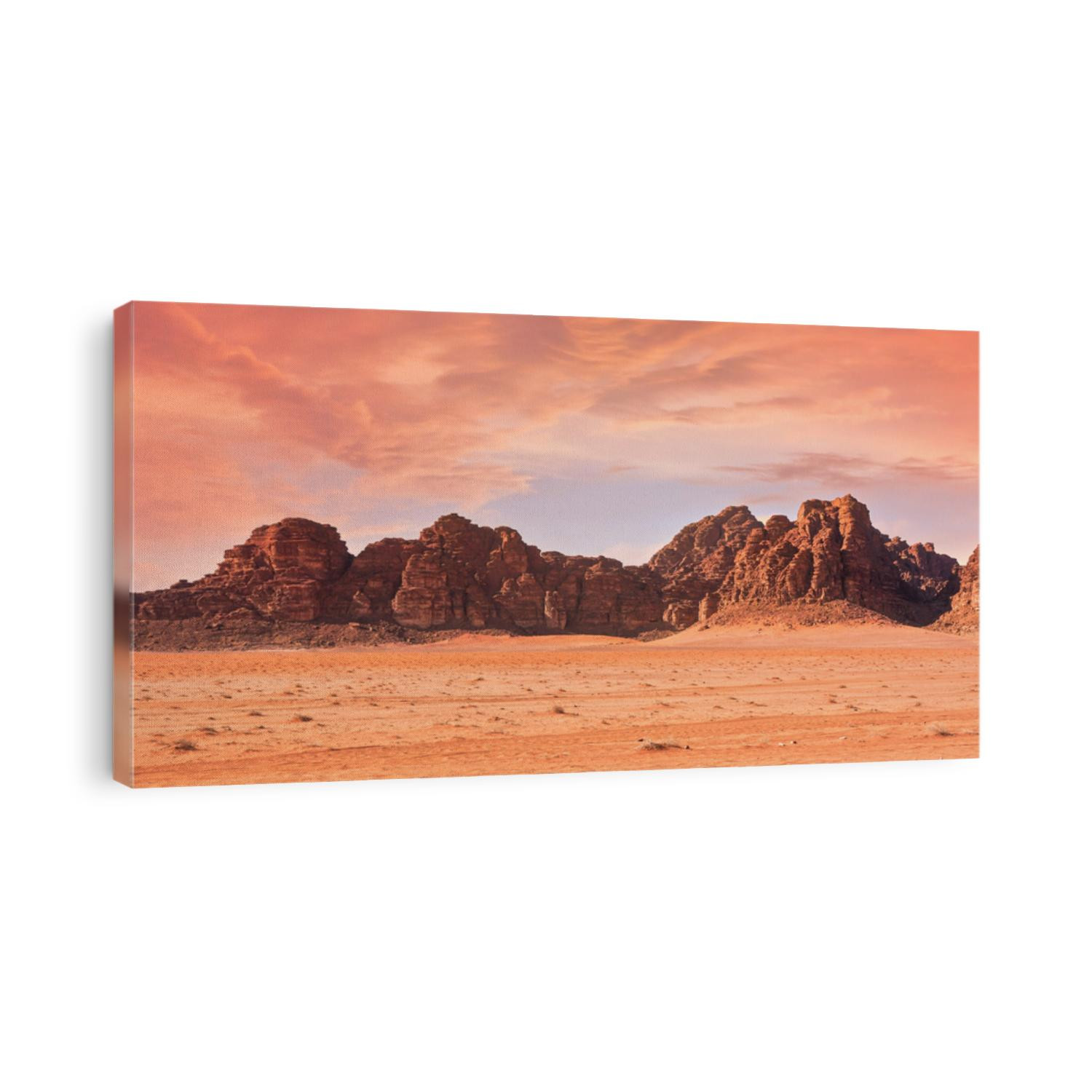 Planet Mars like landscape - Photo of Wadi Rum desert in Jordan with red pink sky above, this location was used as set for many science fiction movies