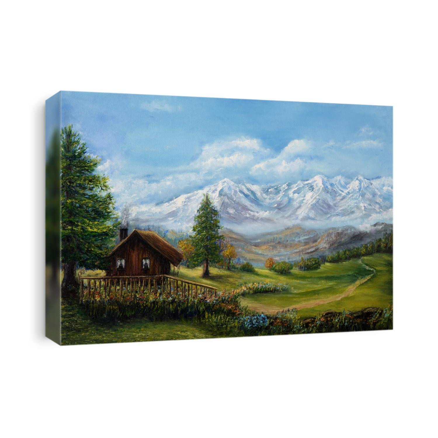 Original oil painting of house or chalet in the mountains on canvas.Mountain landscape.Modern Impressionism