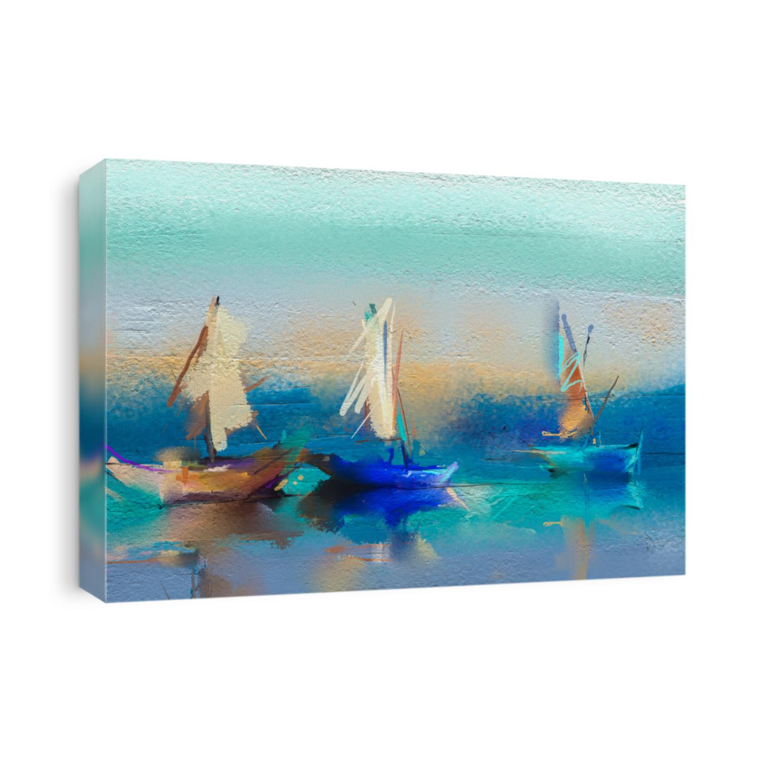 Colorful oil painting on canvas texture. Impressionism image of seascape paintings with sunlight background. Modern art oil paintings with boat, sail on sea. Abstract contemporary art for background