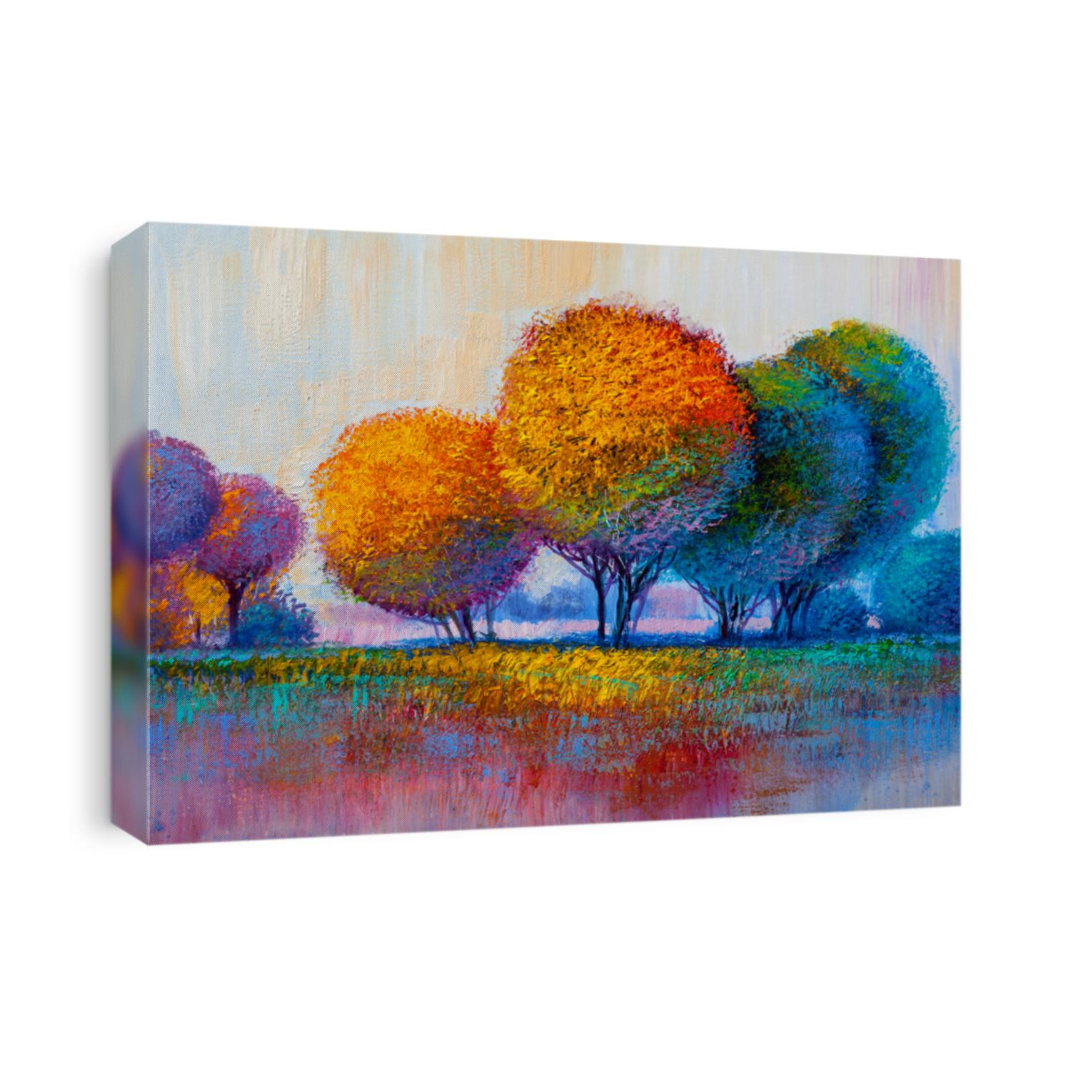 Oil painting landscape, colorful  trees.  Hand Painted Impressionist, outdoor landscape.