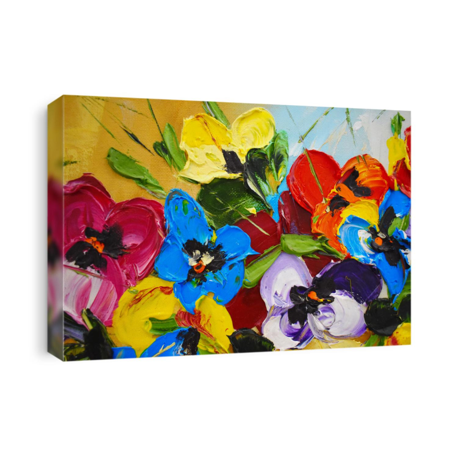 Fragment of an oil painting. Drawn bright multi-colored flowers. Abstract colorful background