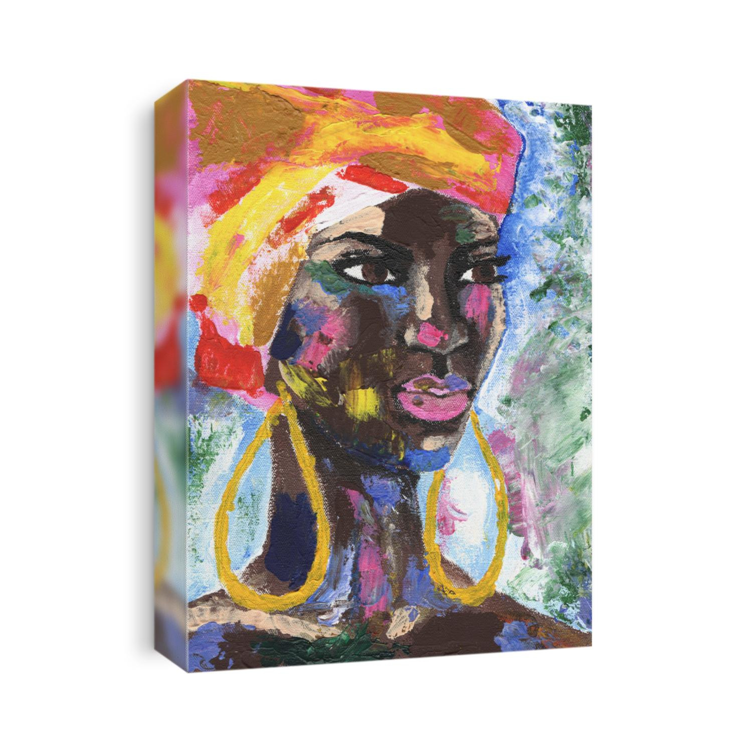 Portrait of african woman in street style hand drawn acrylic on canvas. African woman in turban portrait pop art style picture. Acrylic beauty african woman. Painting fashion illustration. 