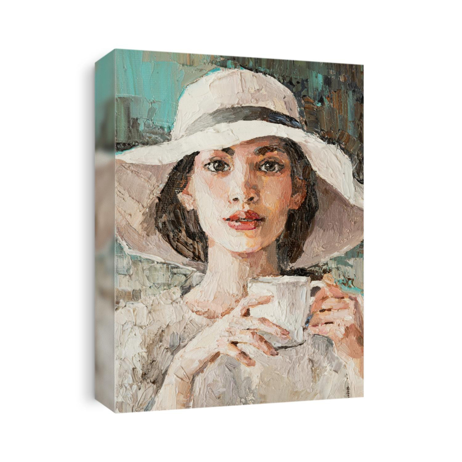 A girl in a white hat with a cup of coffee sits in a cafe. Oil painting on canvas.