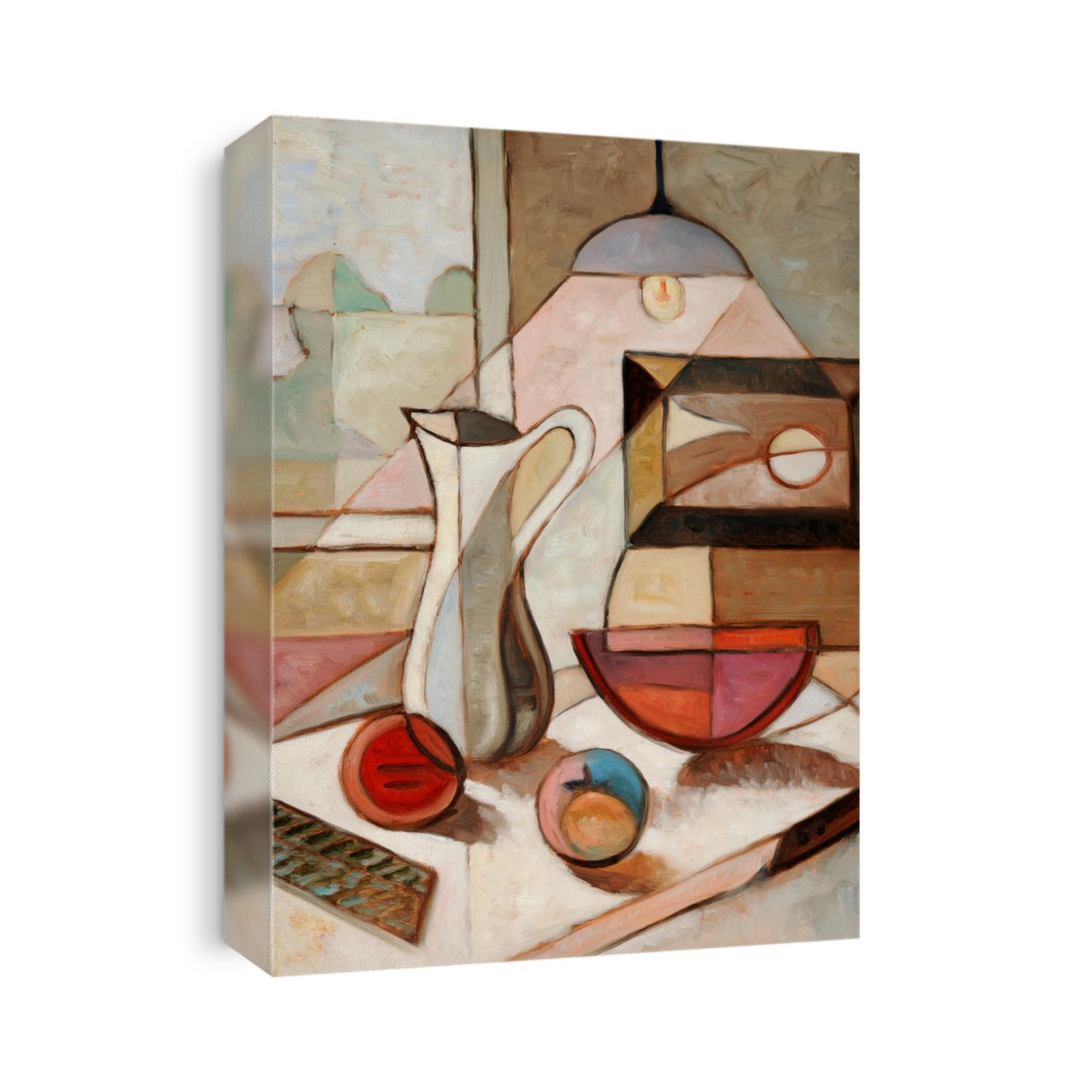 Abstract oil painting of still life with pitcher and fruits